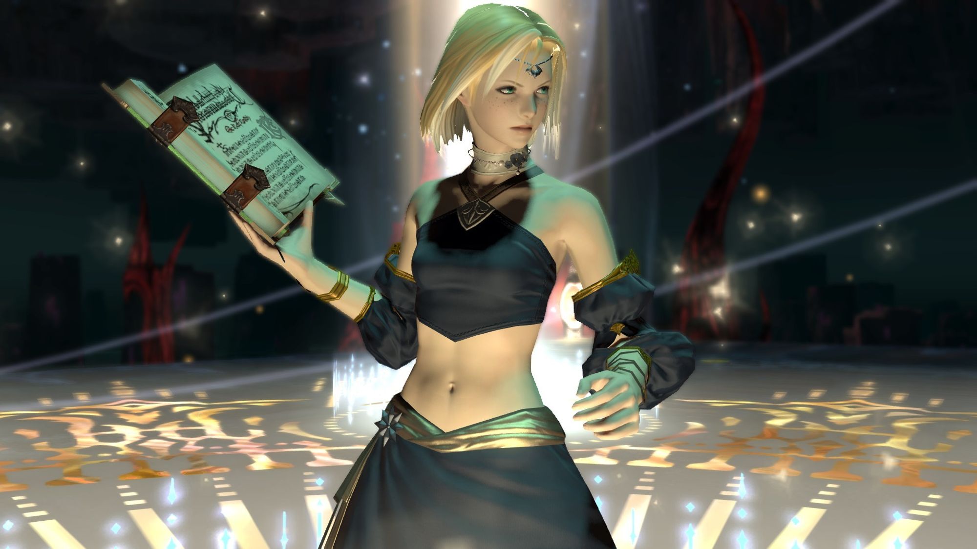 A FFXIV woman with blonde hair in black and gold clothing, holding a book and looking off towards her foe angrily. She stands in a magical circle with effects behind and swirling around her.