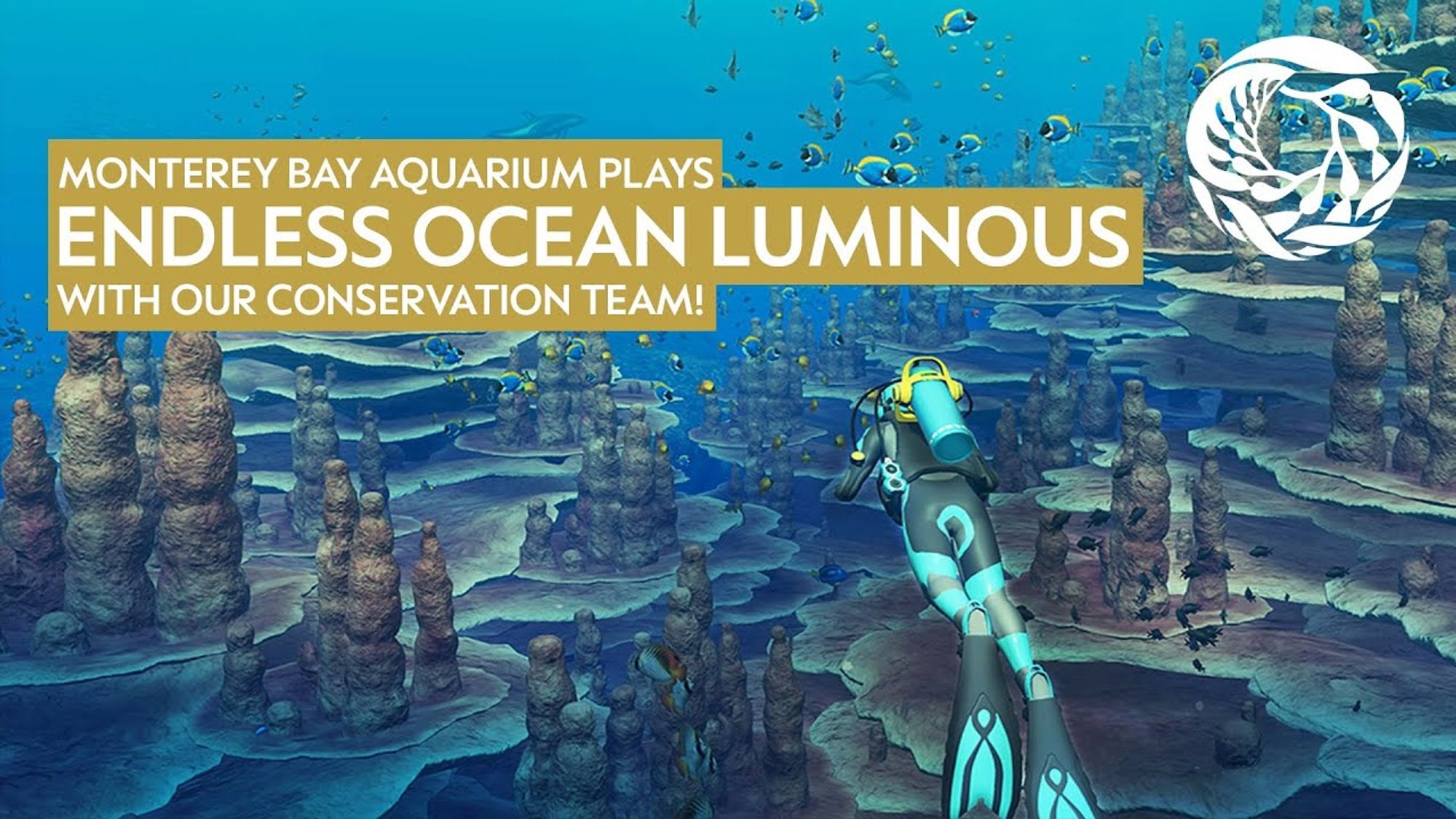 A scuba diver swims toward an underwater landscape. Text on the image reads Monterey Bay Aquarium plays Endless Ocean Luminous with our conservation team! A white Monterey Bay Aquarium logo appears in the top right corner.