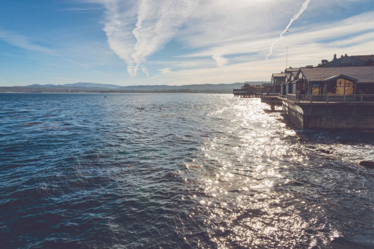 High tide at the same location off the back deck of the Monterey Bay Aquarium, where the high water level of the ocean has covered up all of the exposed rocky outcroppings from the previous photo.