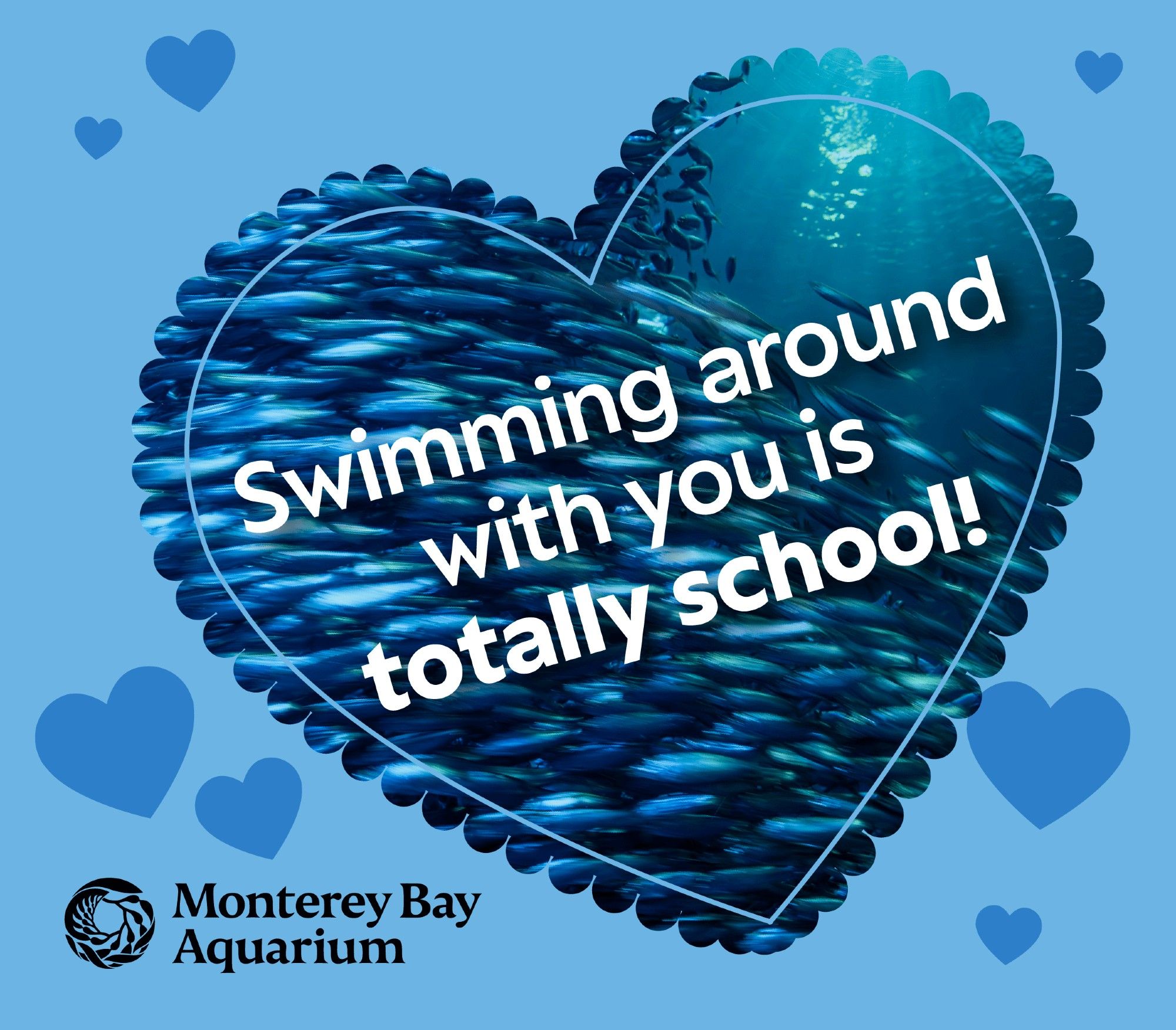 A heart-shaped Valentine’s Day card reads “Swimming around with you is totally school!” and features a large school of silvery sardines.