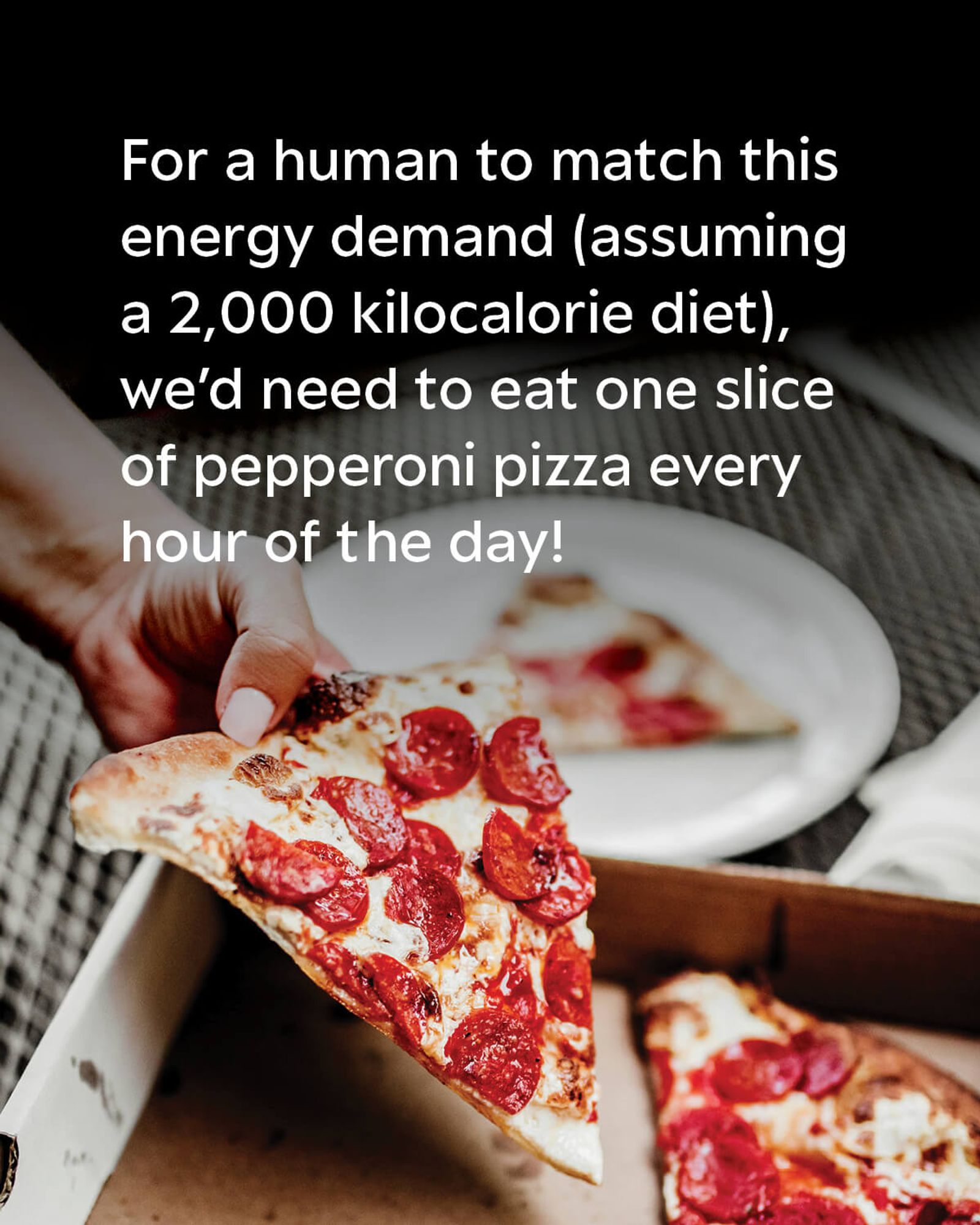 A person holding a pepperoni pizza, another slice is pictured in the pizza box and one in the distance on a plate. The text on the image reads: For a human to match this energy demand (assuming a 2,000 kilocalorie diet), we’d need to eat one slice of pepperoni pizza every hour of the day!