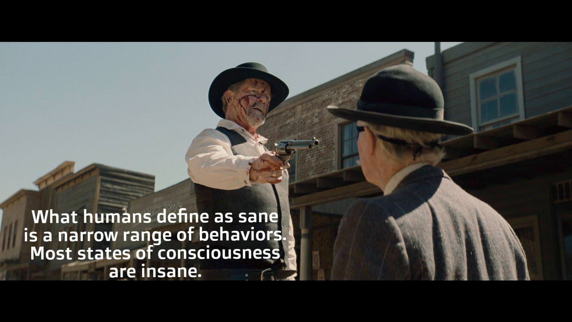 What humans define as sane is a narrow range of behaviors. Most states of consciousness are insane.

That text is printed over a still from Westworld. A man with blood splatter all over his face and hand holds a gun aimed at another man who's on his knees. They're dressed in old west clothing and boomtown era buildings fill the background.