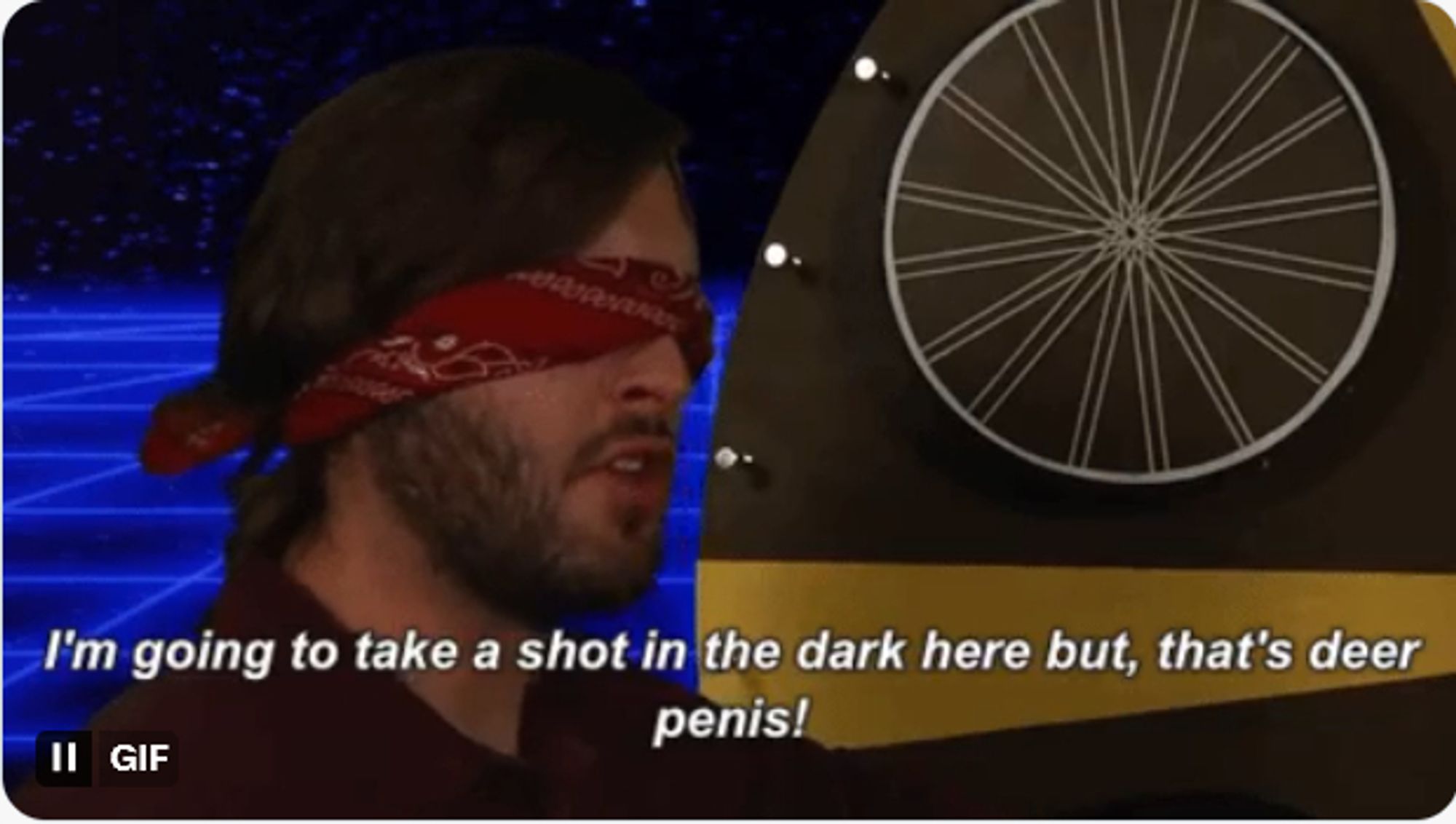 On some cut-rate game show, a blindfolded man says "I'm going to take a shot in the dark, but that's deer penis!"