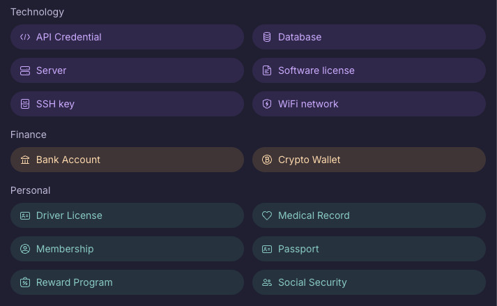 The "other" section in Proton Pass' item creation modal, featuring 14 non-password item types which can be stored in Pass. 