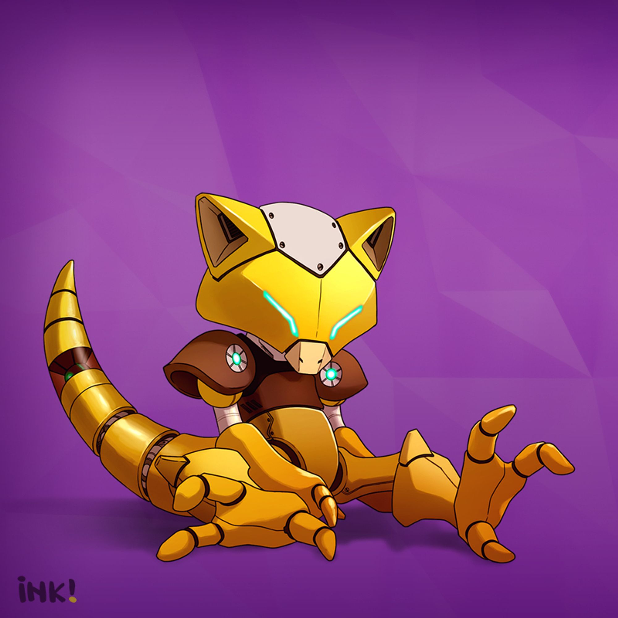 A seated mechanical Abra (the Pokemon) sits upright against a lightly fragmented background. Apertures on either shoulder and the two slits that make up its eyes glow with energy.