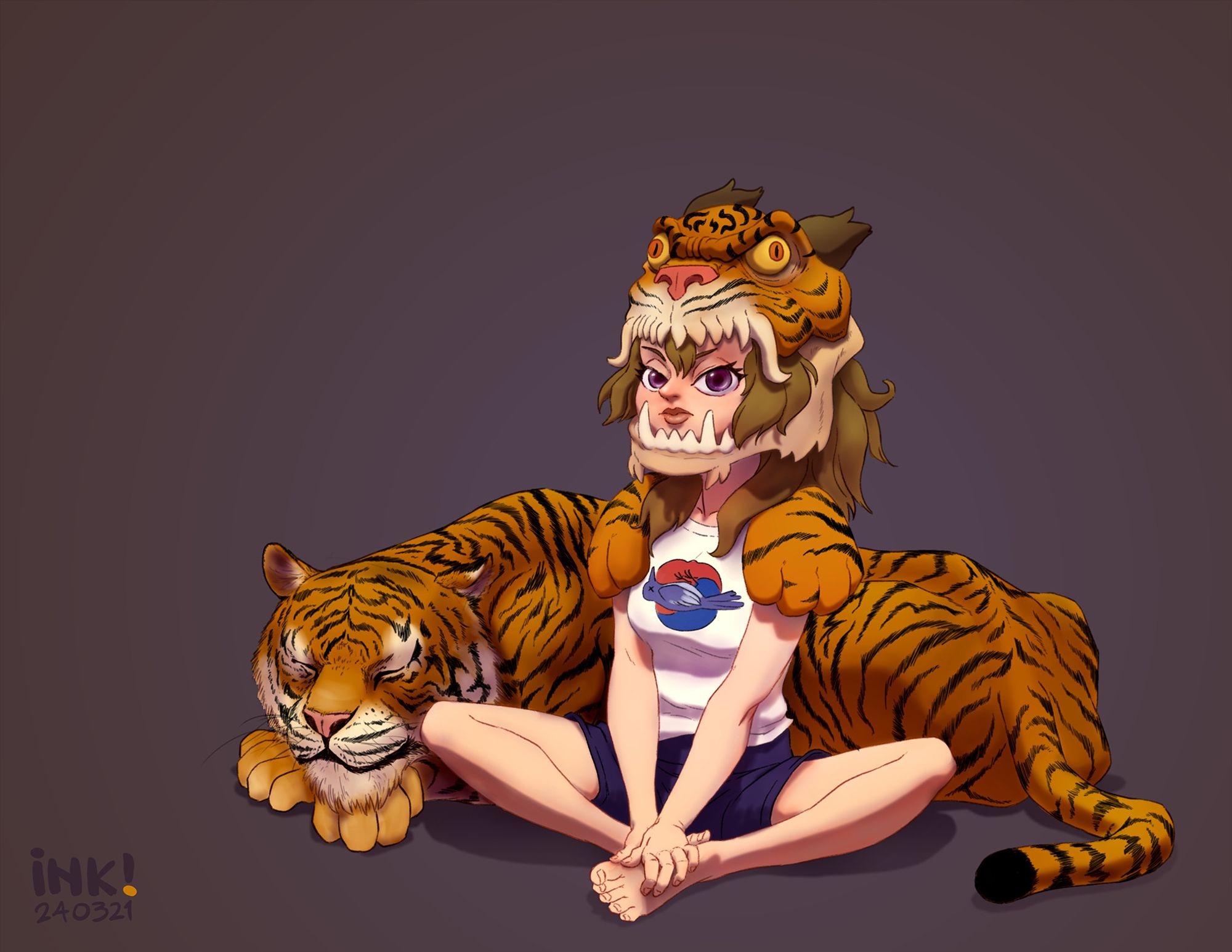 A girl sitting cross-legged wearing a tiger helmet / mask and tiger paw pauldrons, with a tiger sleeping behind her.