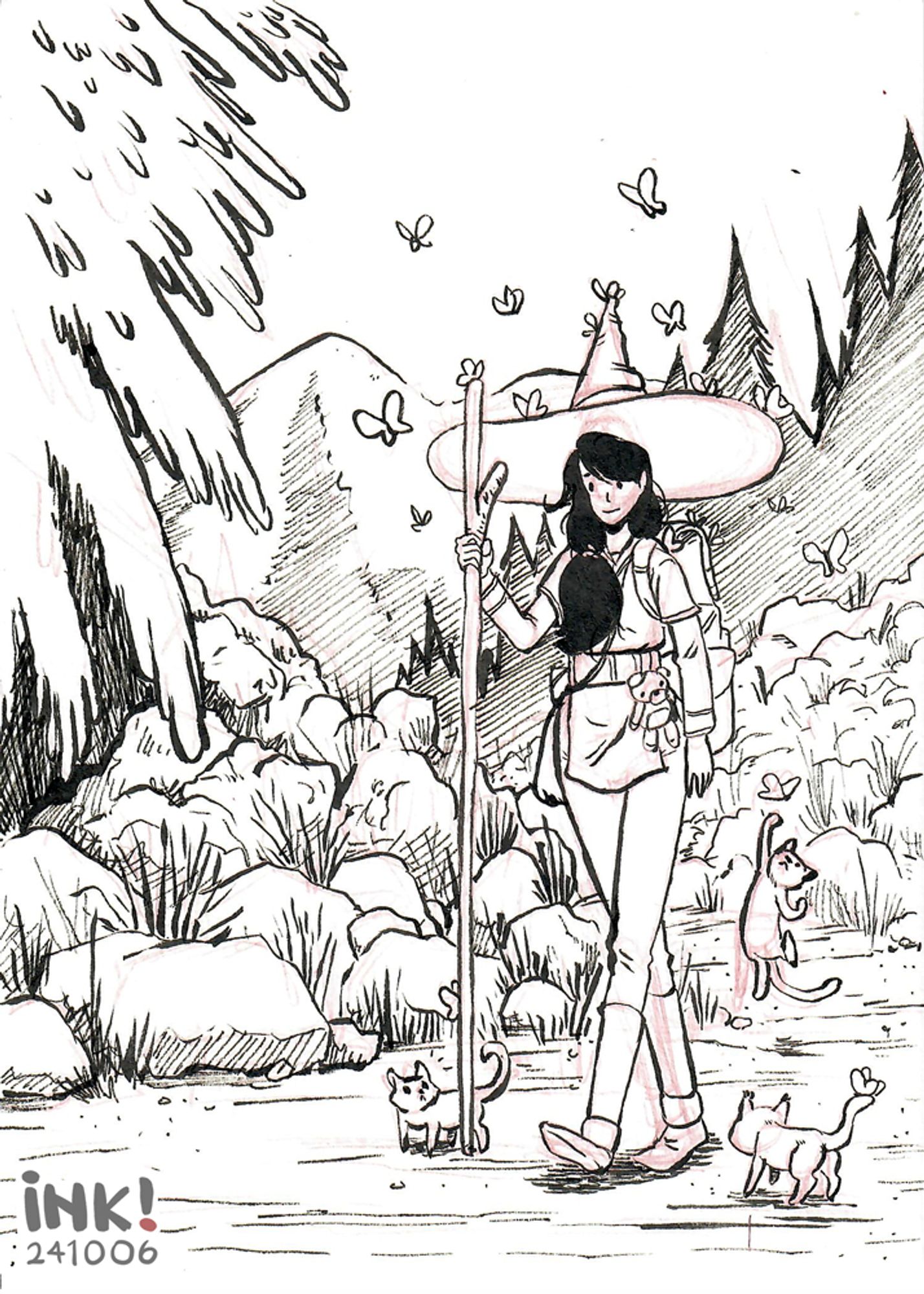 A woman sporting a wide-brimmed hat, a walking stick, a pack, and a teddy bear takes a trek through the mountain, surrounded by butterflies. A few feral kittens have come out to play.