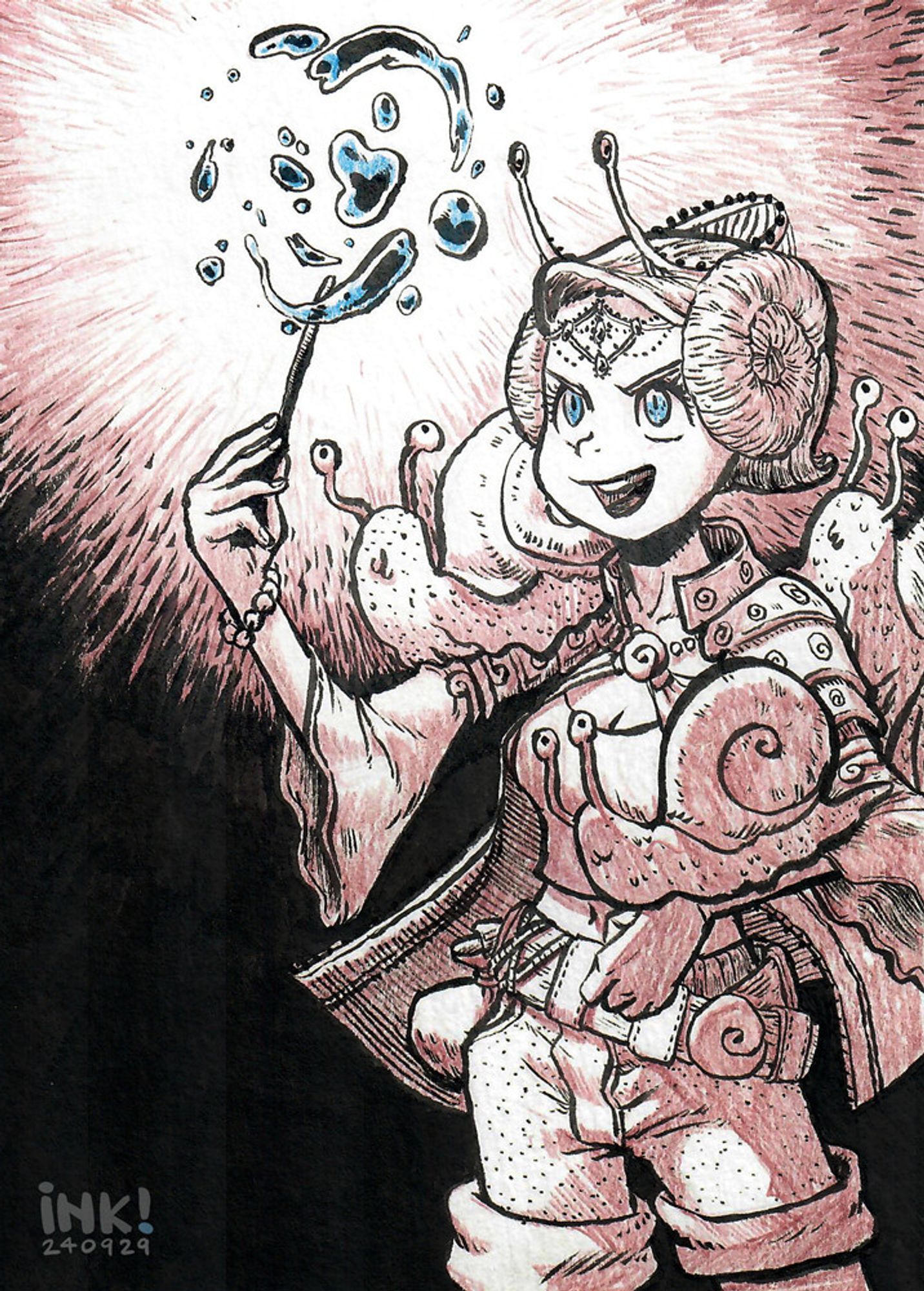 A girl with an ornate, snail-themed hairdo and three pet snails swirls globules of blue water around the tip of her wand.