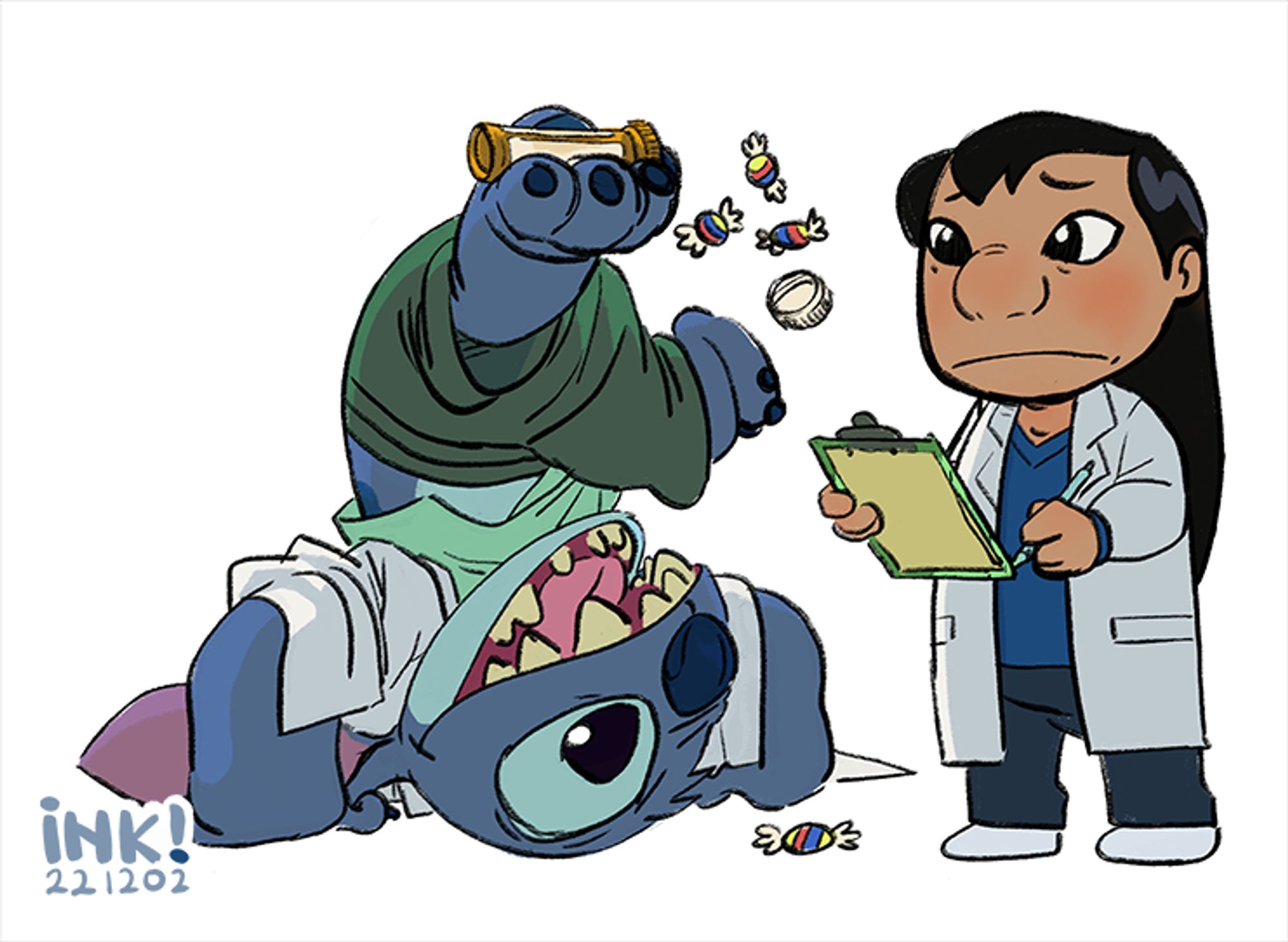 A sketch of Lilo and Stitch dressed as pharmacy techs. Stitch does a handstand and opens the orange container with his feet, causing candy to fall out. Lilo looks on in consternation with a pen and chart in hand.