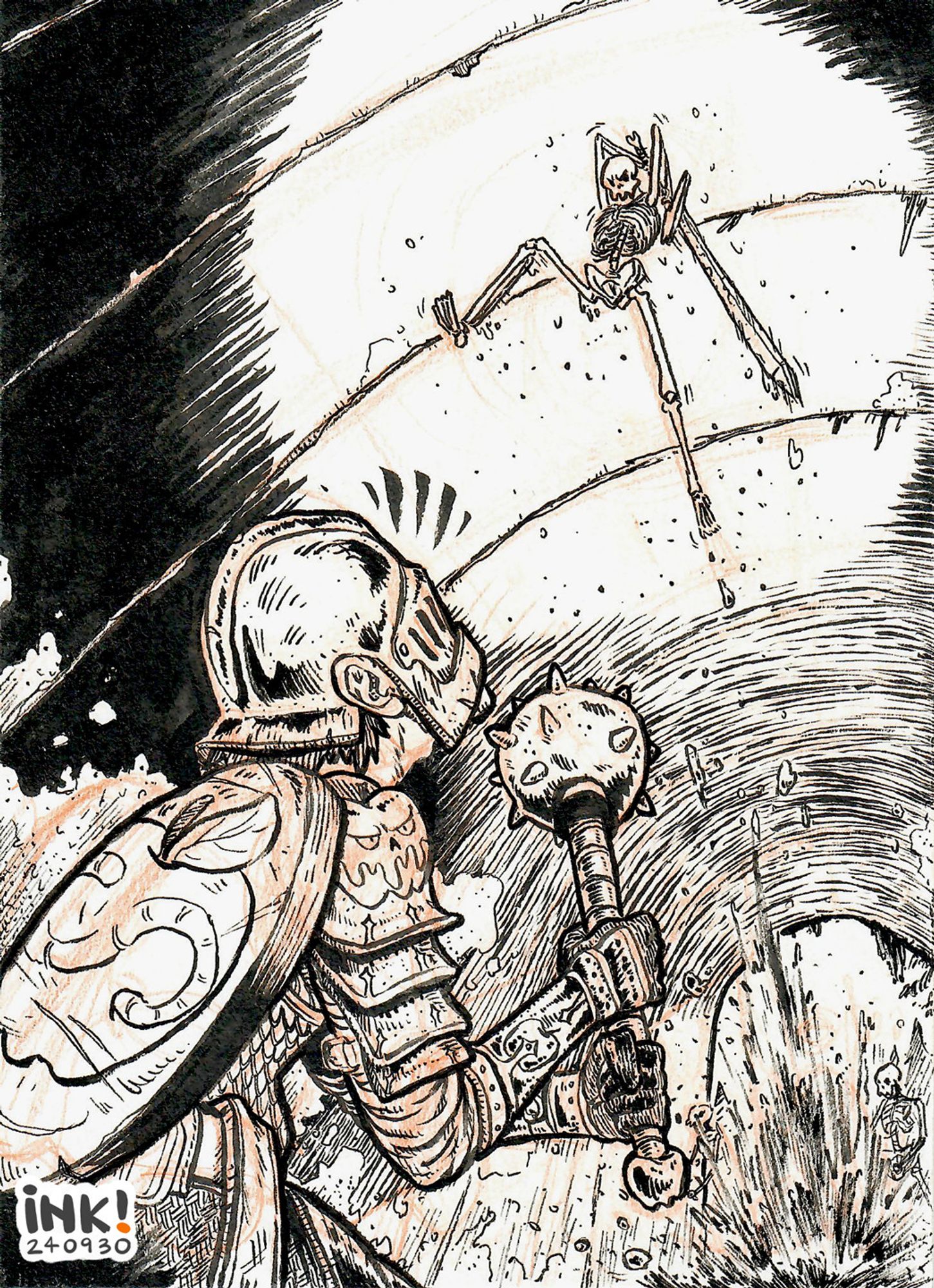 An armored warrior in front of the viewer looks up at a skeleton that has leapt in the air with a sword, ready to strike.