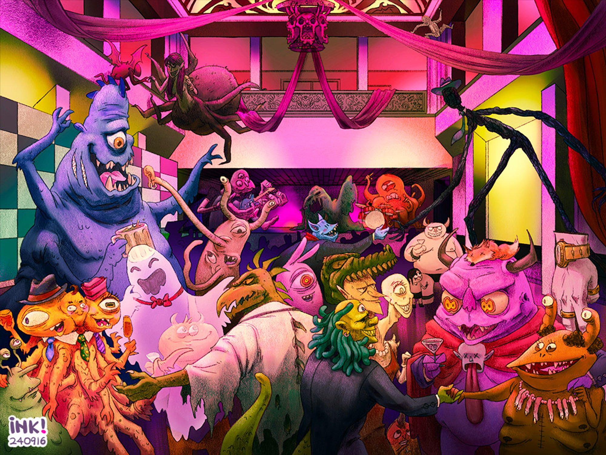 A chaotic ballroom scene of a room full of well-dressed monsters socializing as a band plays on stage in the background.