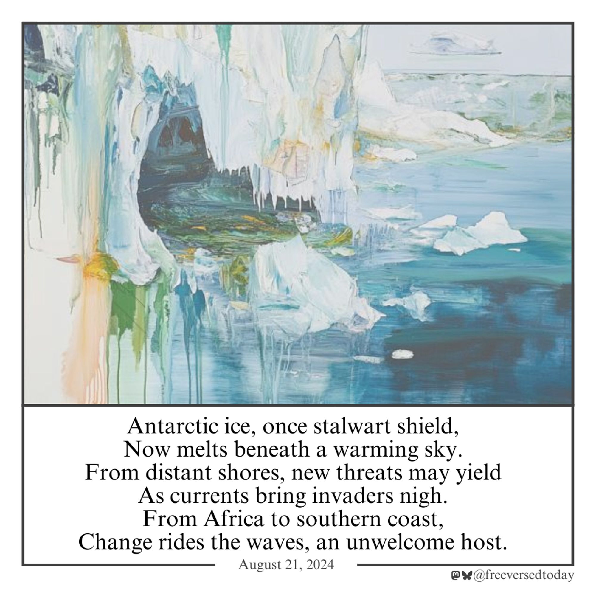 Antarctic ice, once stalwart shield,
Now melts beneath a warming sky.
From distant shores, new threats may yield
As currents bring invaders nigh.
From Africa to southern coast,
Change rides the waves, an unwelcome host.