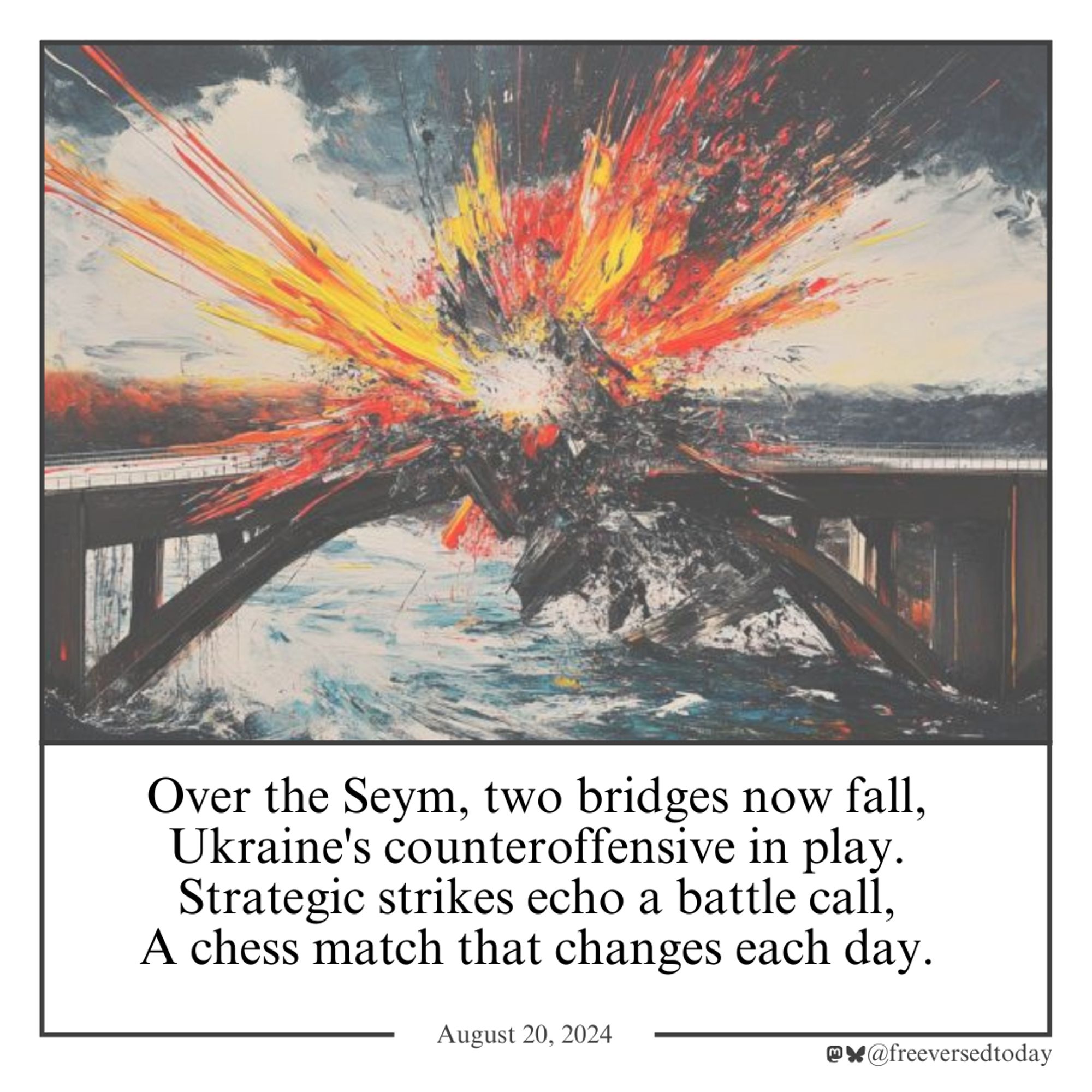 Over the Seym, two bridges now fall,
Ukraine's counteroffensive in play.
Strategic strikes echo a battle call,
A chess match that changes each day.