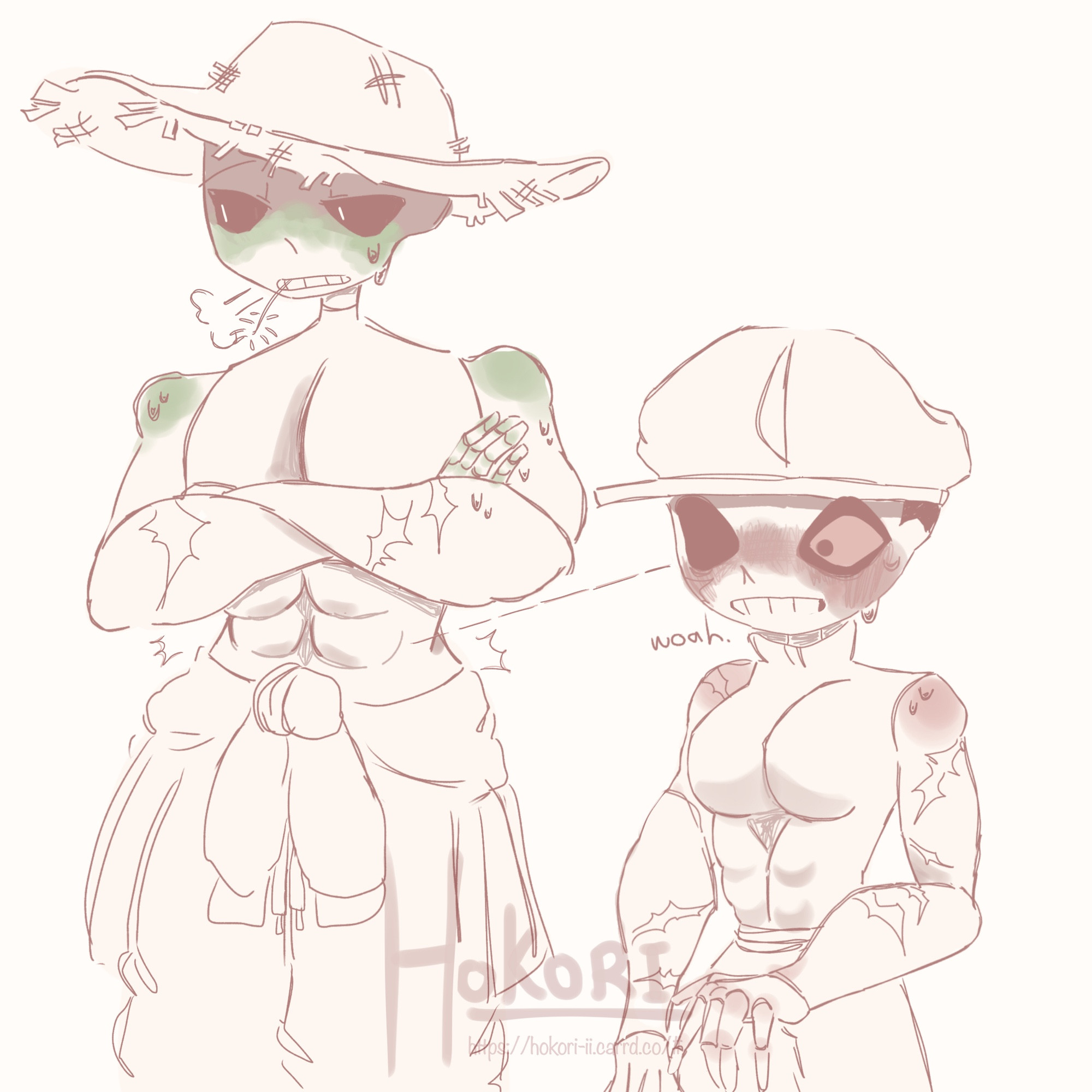 crop is looking at the side annoyed that it's hot, his arms are crossed and he's wearing a straw hat. the jacket he usually wears is tied around his waist.
rot is looking directly at crop's abs in admiration