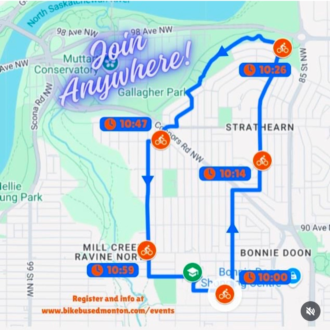 Graphic of the map showing the route of the ride. Stops include Bonnie Doon, Mill Creek and the Strathern neighborhoods. Text on the map reads "join anywhere!" 