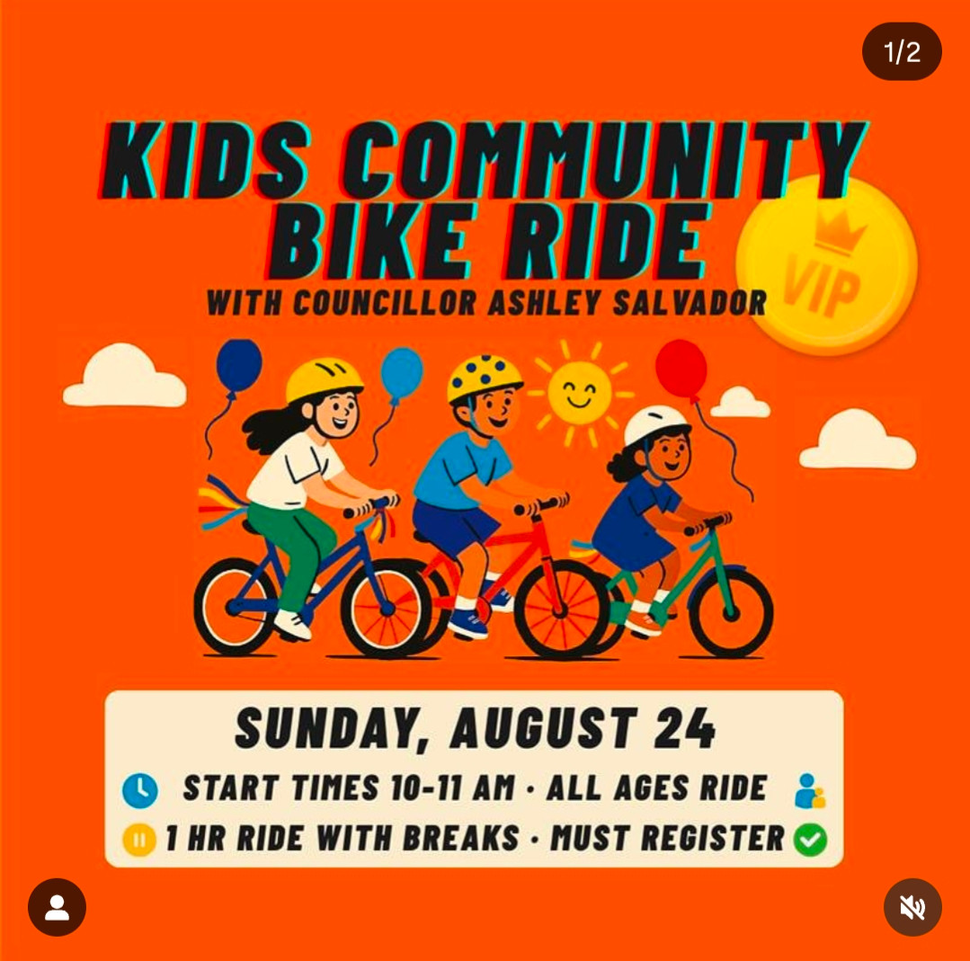 Poster advertising a kid's Community bike ride. Orange background with graphic images of three children on bicycles. Text reads: 
Sunday August 24th. 
Start times 10:00 to 11:00 a.m. 
All ages ride. 
1 hour ride with breaks. 
Must register.
