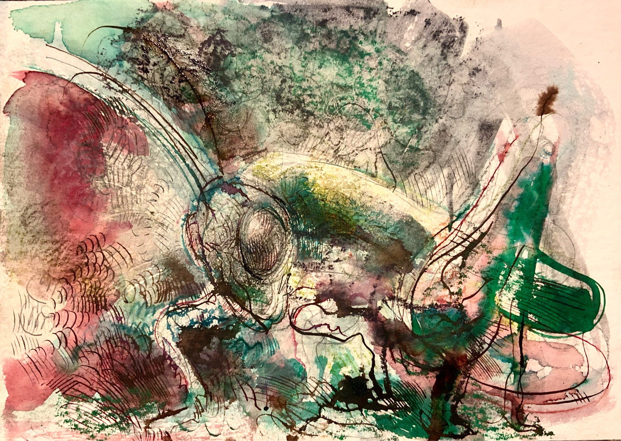 A grasshopper in dark red and green ink, lively, messy, moody