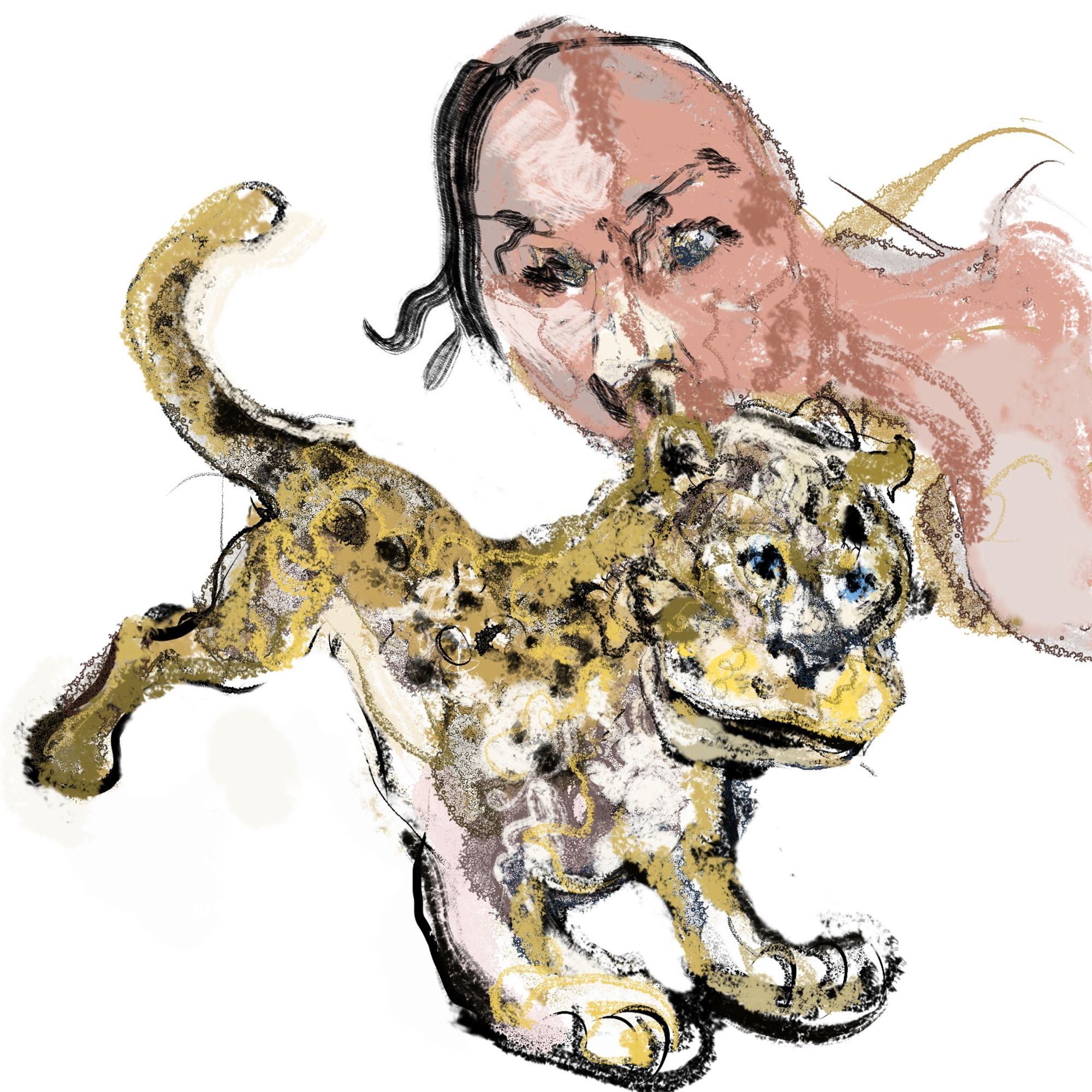 A silly leopard with one back leg, diagonally pouncing in front of a peculiar sideways rendering of me, this is very hard to properly describe