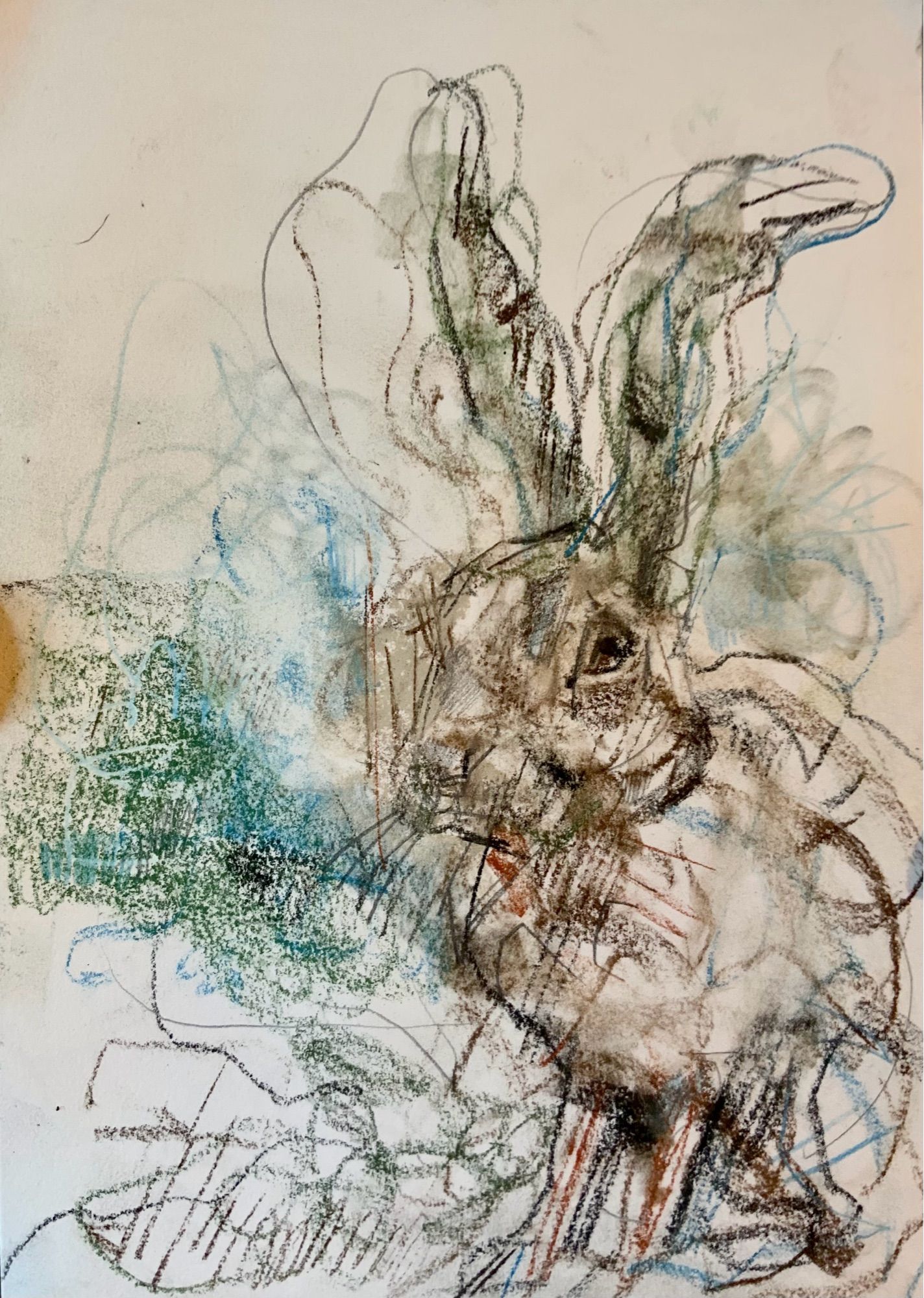 Interestingly rendered hare with dark green behind it