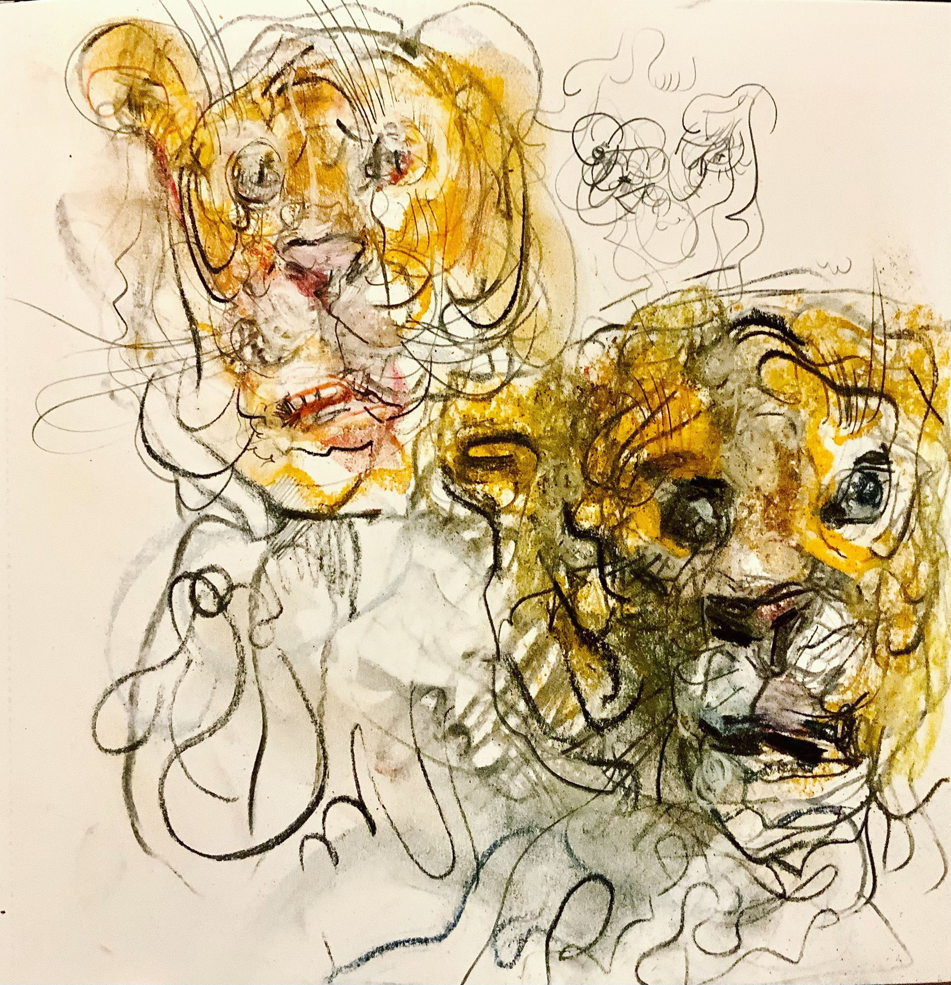 a lively sketchbook drawing of two tiger heads which are somewhat human and somewhat wonky and quite orange and squiggly