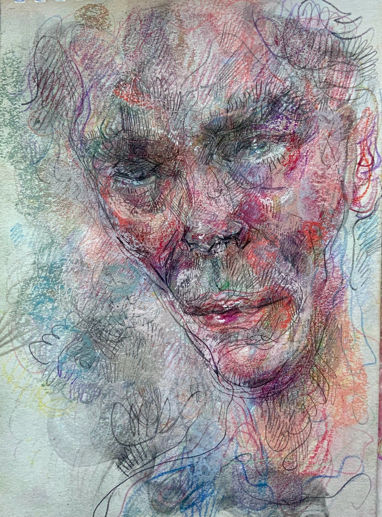 Drawing of a man’s thin face, a white man with dark hair and blue eyes and Parkinson’s, mixed media, pastels and pencils, lots of squiggles, exploratory marks, not very planned