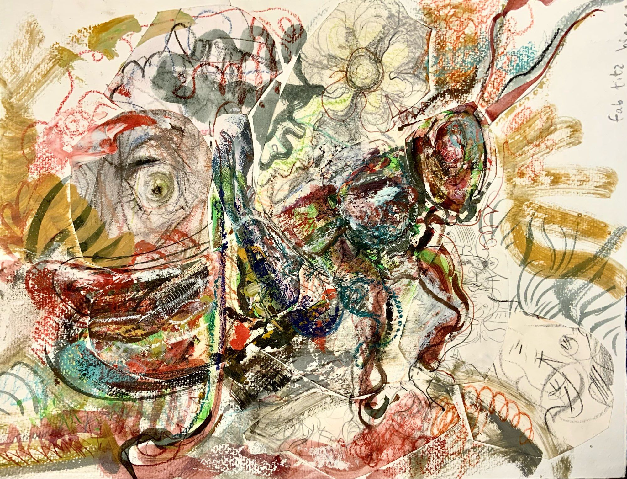 A highly textured high contract grasshopper with elements of collage of my old aborted drawings, ink, paint, pastels, etc etc