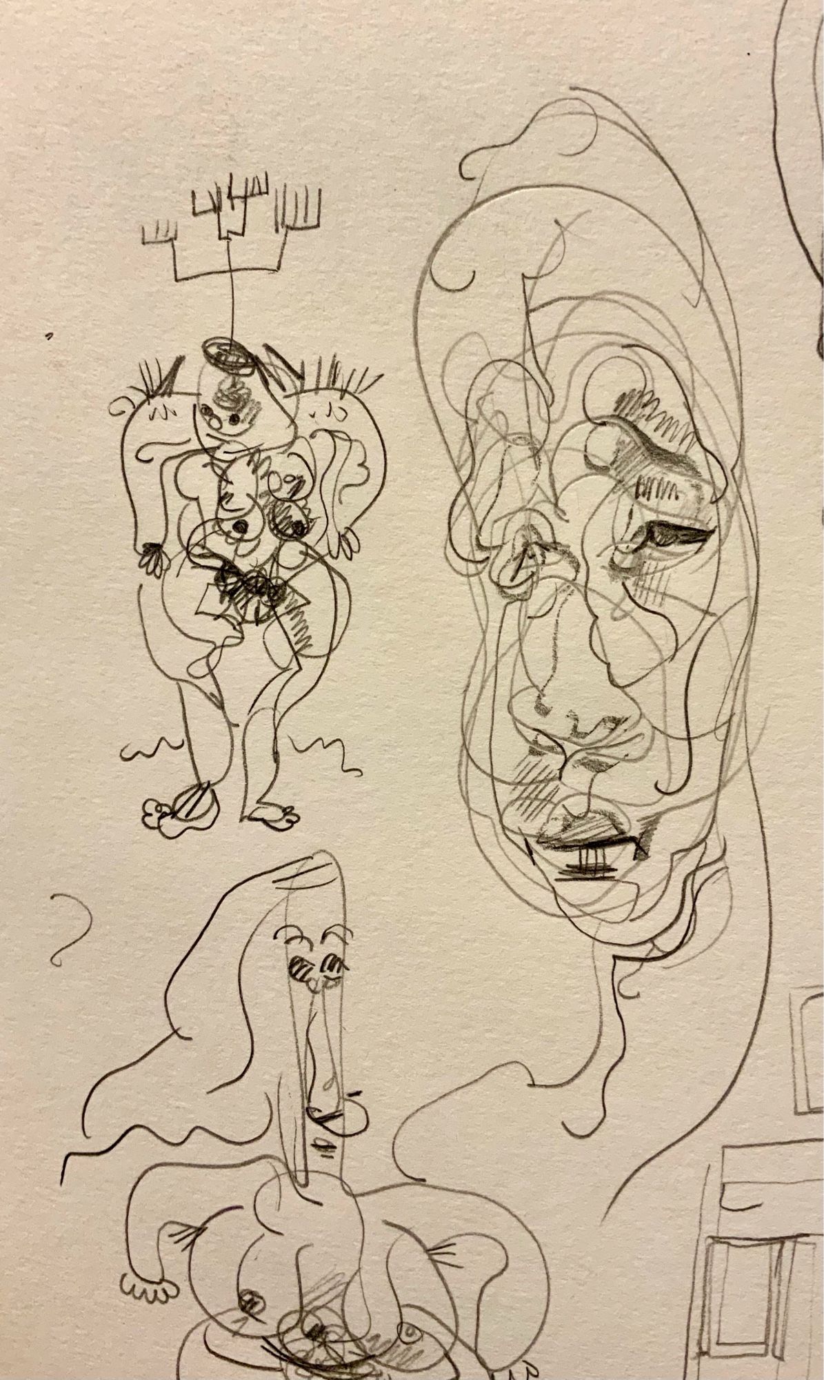 Linear drawings of myself as a head and as two bodies.