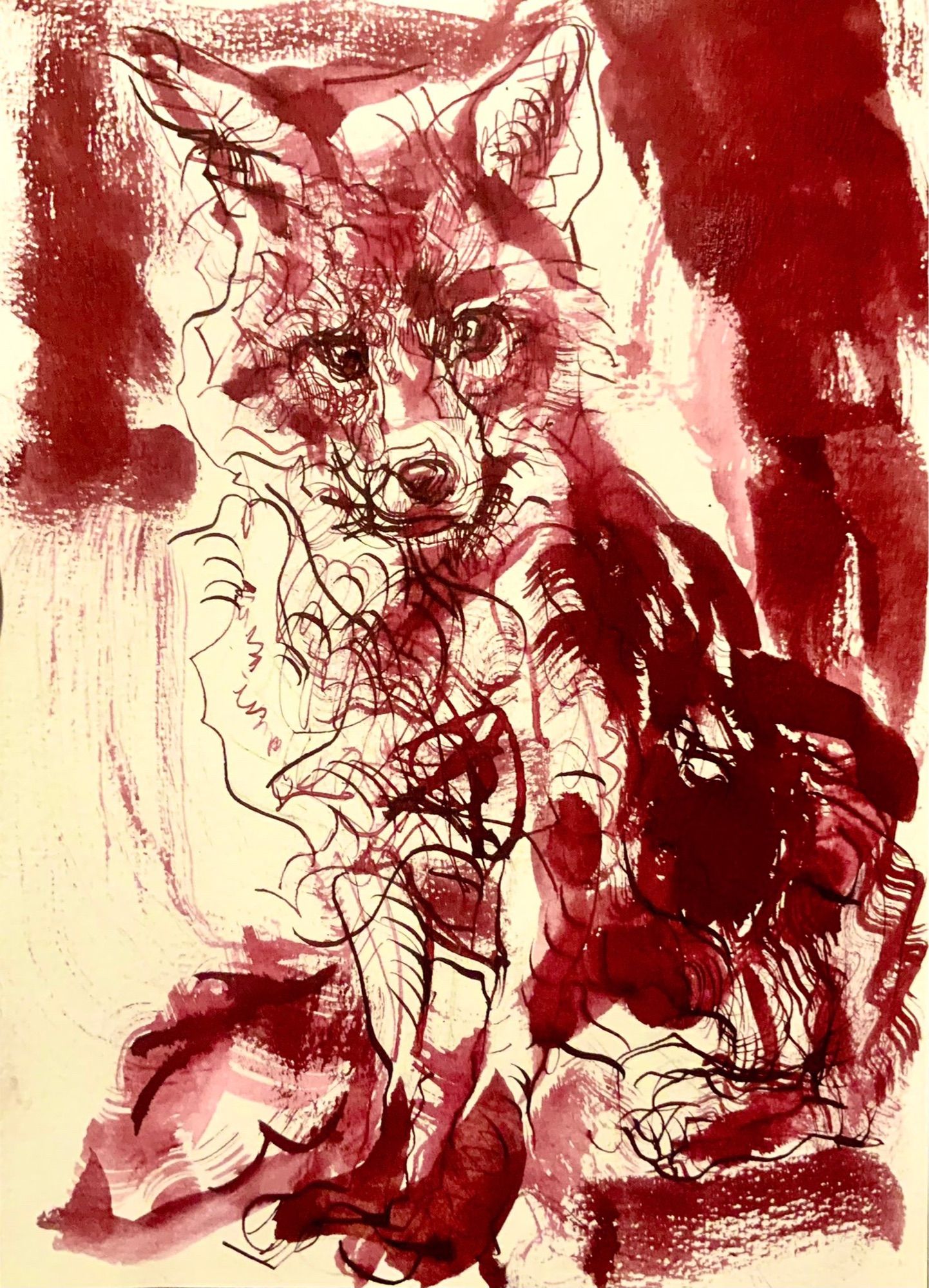 A dark red ink drawing of a sitting fox