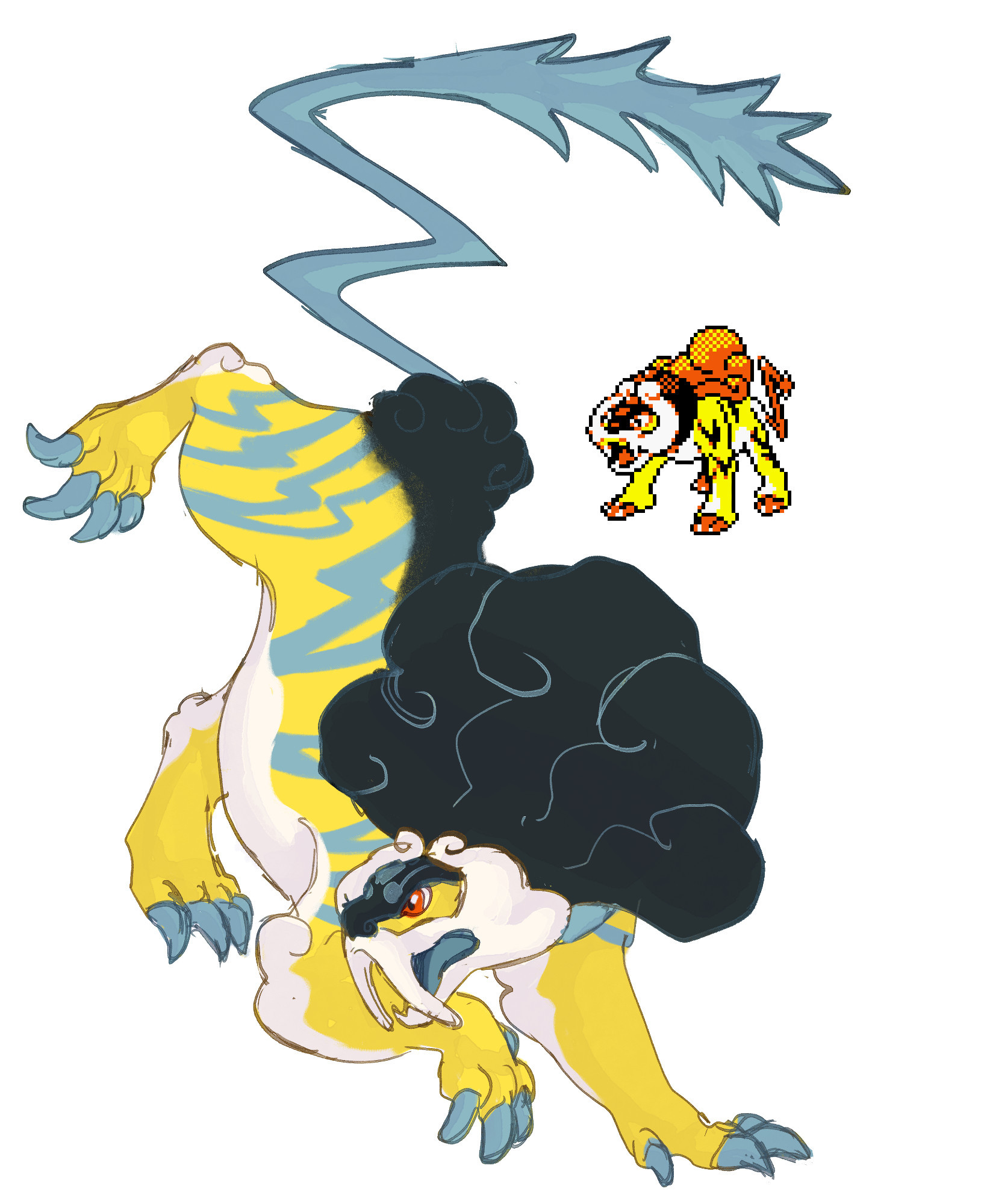 A stylized drawing of the pokemon raikou, based on the Pokémon Gold and Silver sprite. The face is covered by white fur that looks like a cloud and large fangs. The back has dark colored fur that looks like thunderclouds, and blue thunder markings come from it. Its tail is longer and has more spikes. It is doing a pouncing motion in a japanese traditional art style