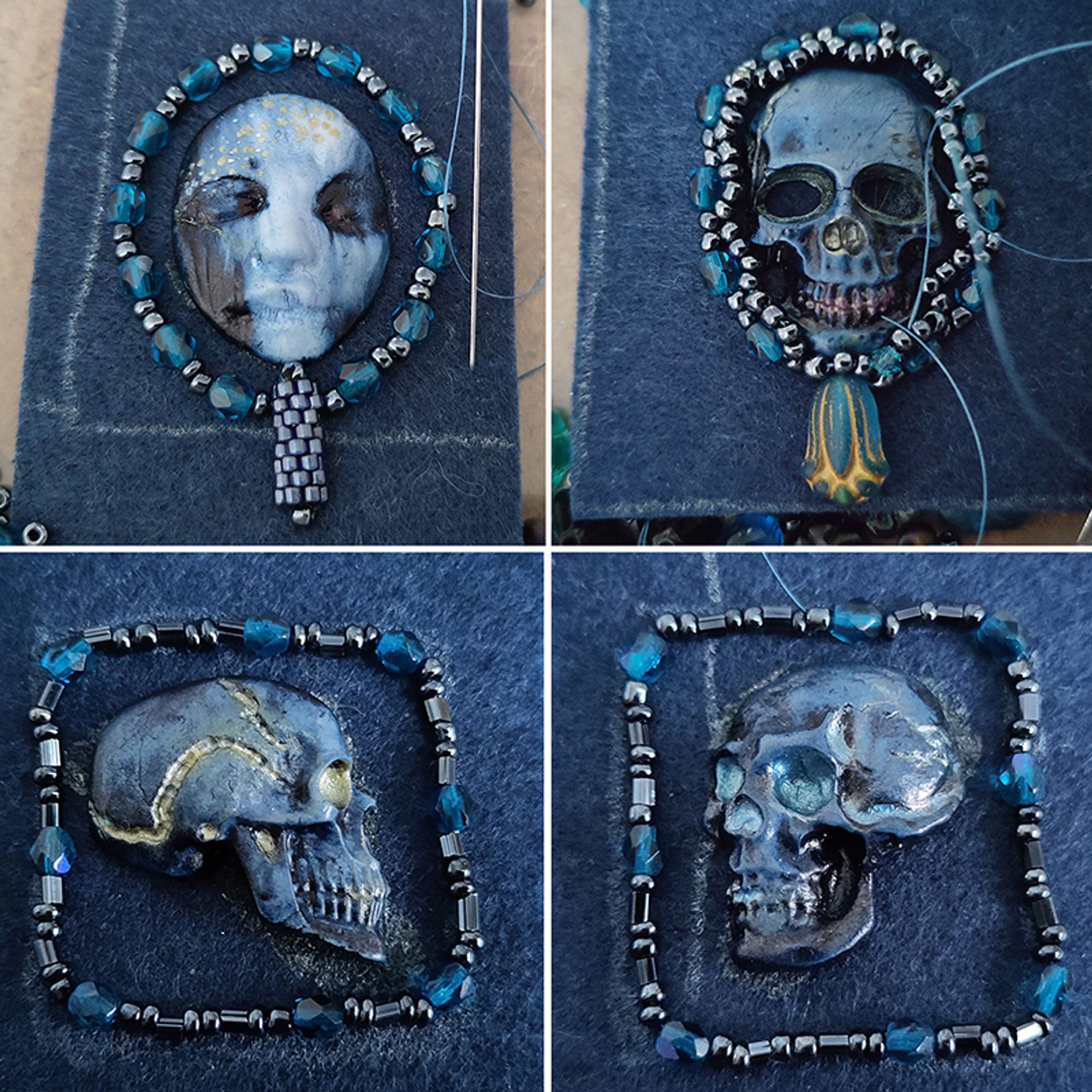 close up of the same cabochon, and seed beads in the same blue shades and glass beads being stitched around them.