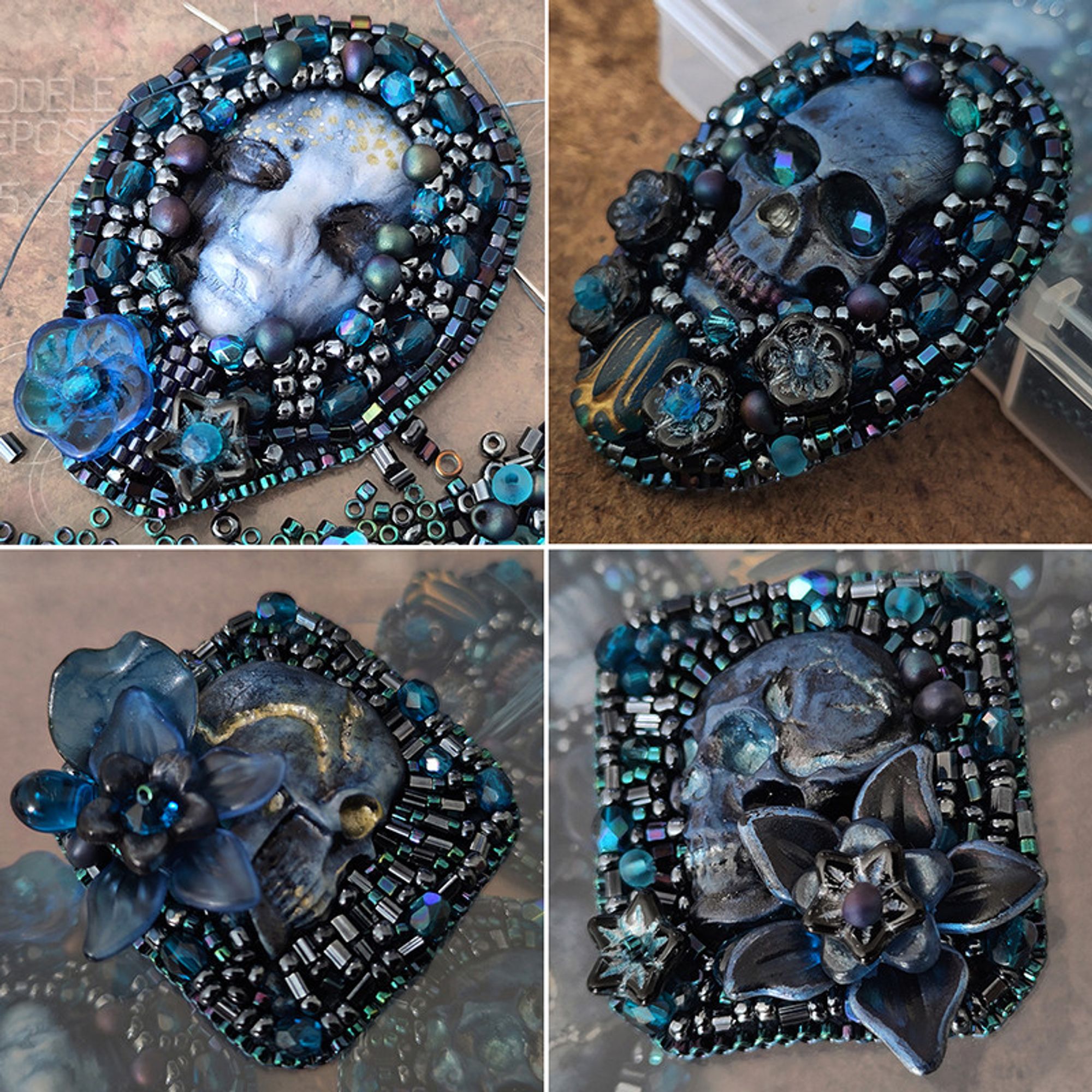 The same fimo cabochons, finished with their borders and added details. The face cabochon one is still in the process of getting its border done.