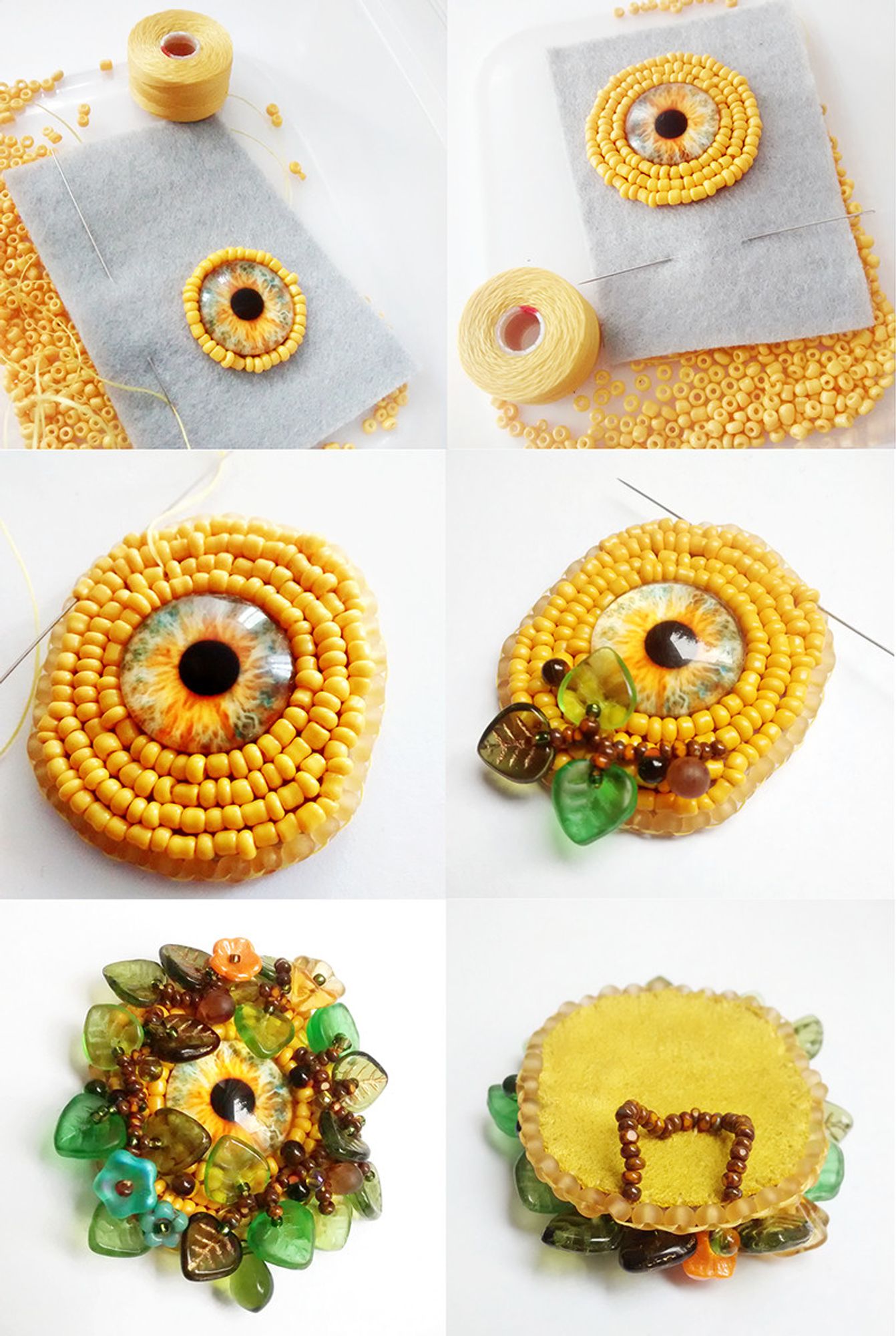 mosaic of pictures depicting in 6 images the process of making the pendant/brooch. The eye cabochon is glued to a felt backing and surrounded by bead embroidery rings in yellow irregular seedbeads. More seedbeads are used to make the edging after a yellow backing has been applied to the back. Then the yellow seedbeads are decorated with translucent glass leaf beads, small drop and flower beads and brow seed beads in a irregular pattern to simulate shrubbery. two short ropes of seedbeads are applied to the back to allow the pendant to be hung on a chain. a brooch also may be glued and sewn to the back so it can be used as a brooch.