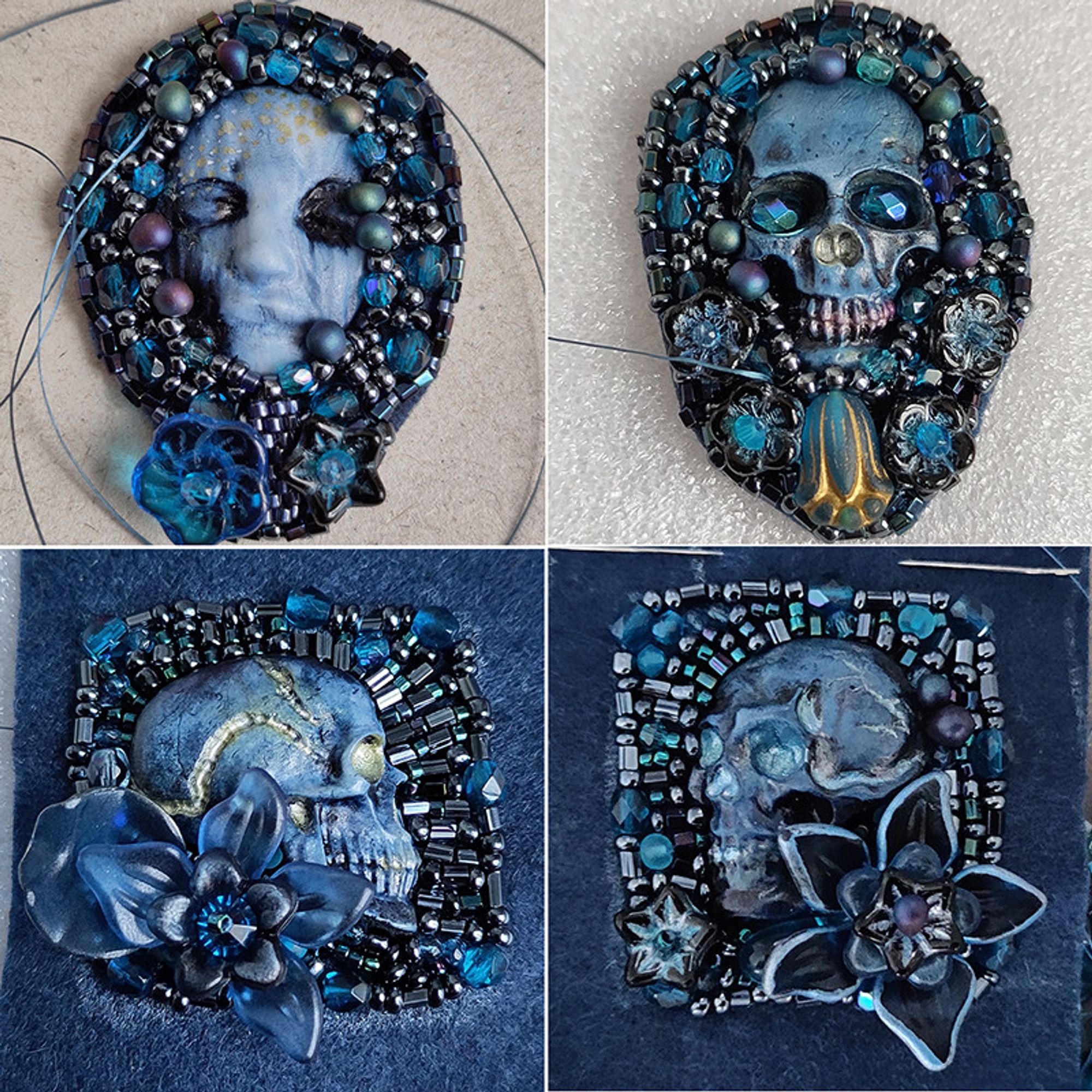 close up of the same cabochons with seed beads in the same blue shades in various pattern all around, glass and lucite flowers in shade of dark blue have been added. The felt has been cut around some of the work, which is only missing a border.