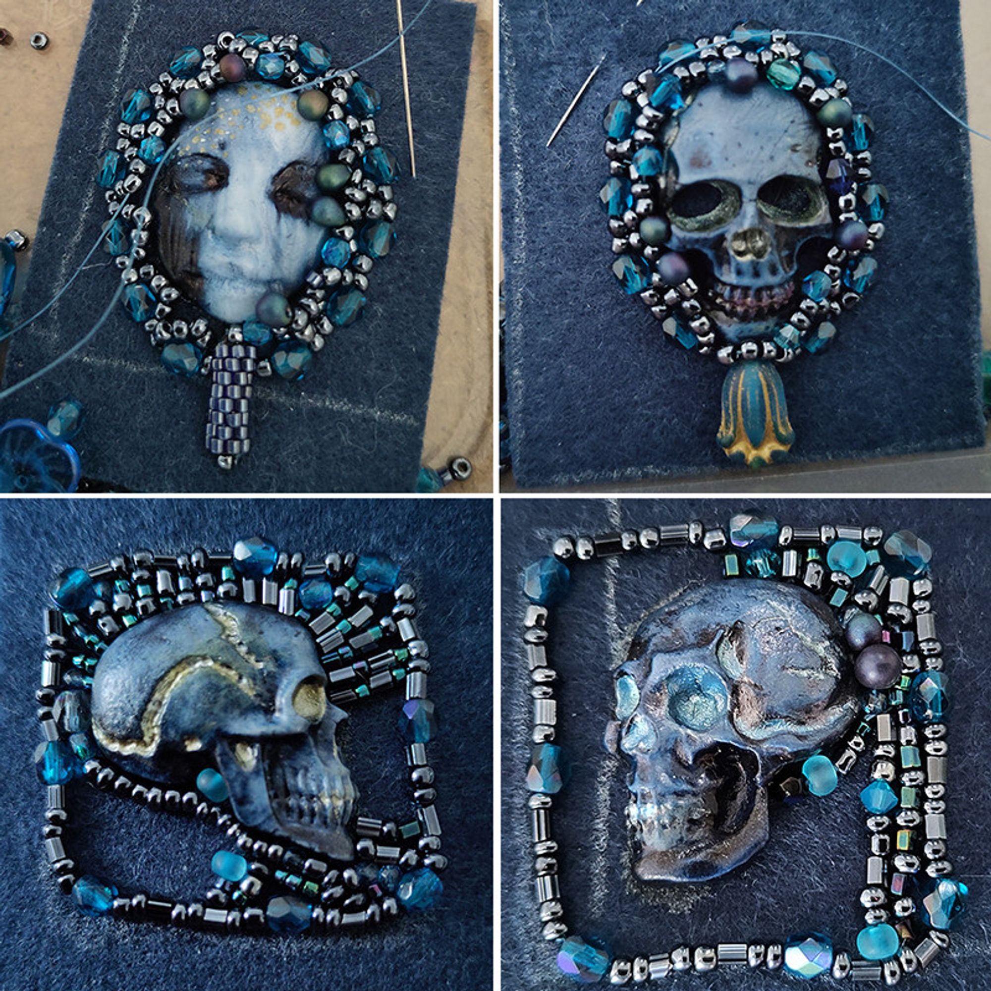 close up of the same cabochons with more seed beads in the same blue shades and glass beads being stitched inside the beaded perimeter in different patterns.