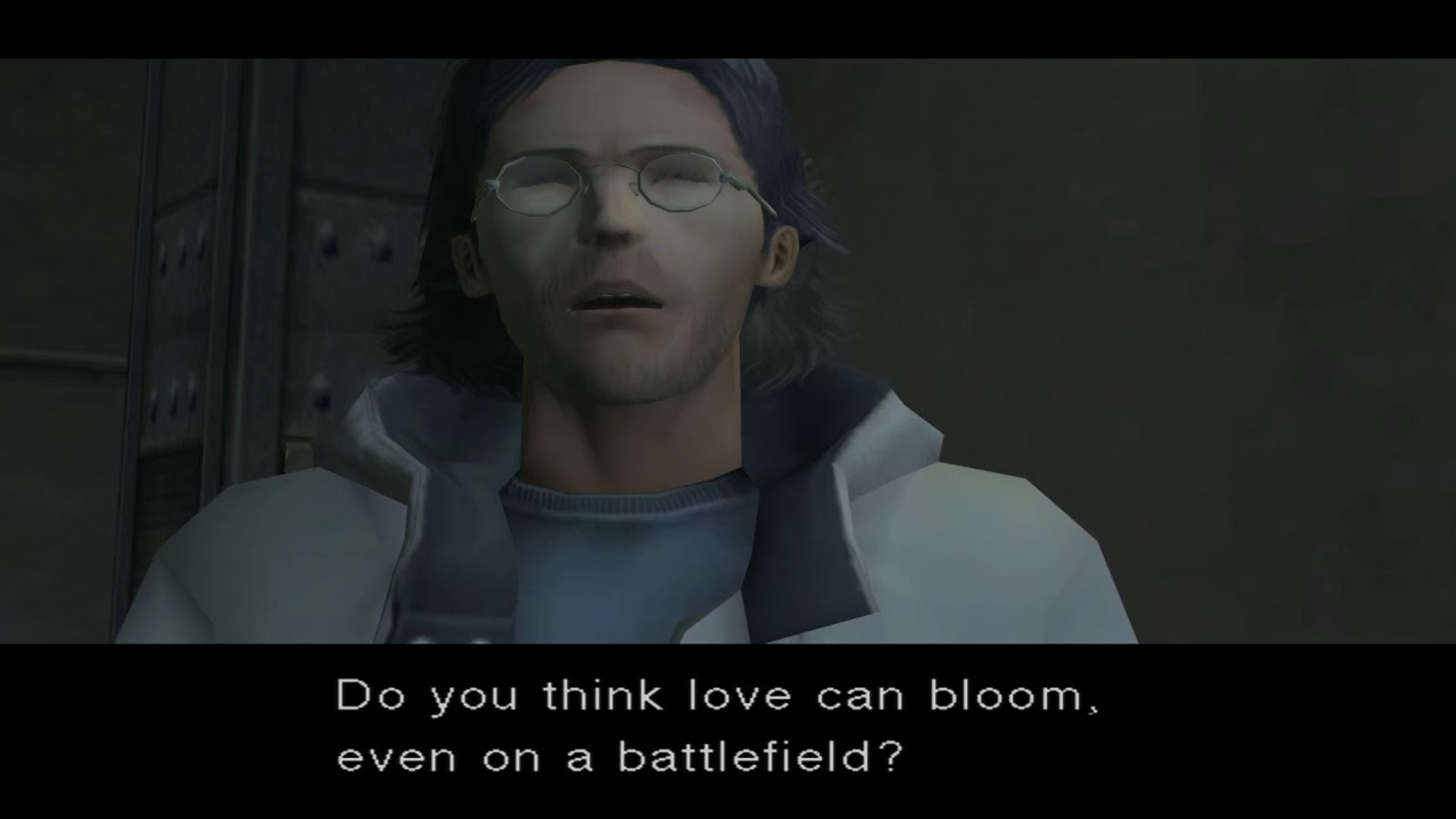 screenshot of the infamous "Do you think love can bloom, even on a battlefield?" meme from Metal Gear Solid Twin Snakes