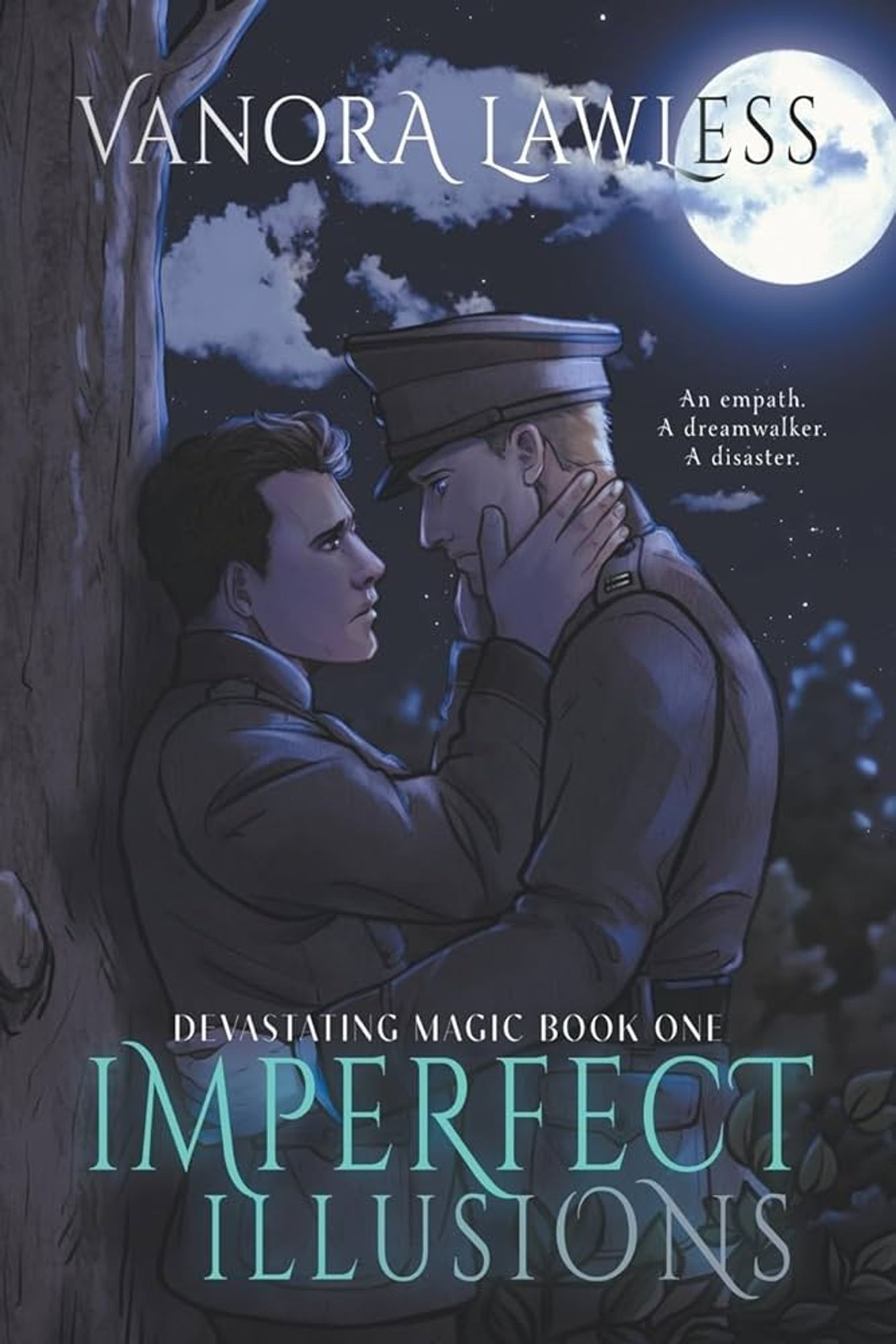 book cover for Imperfect Illusions by Vanora Lawless, featuring two WWI soldiers in a tender embrace