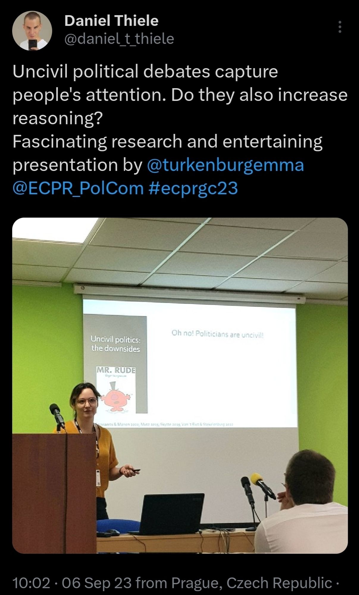 A screenshot from my Tweet praising Emma's presentation at the ECPR general conference in Prague in September 2023.