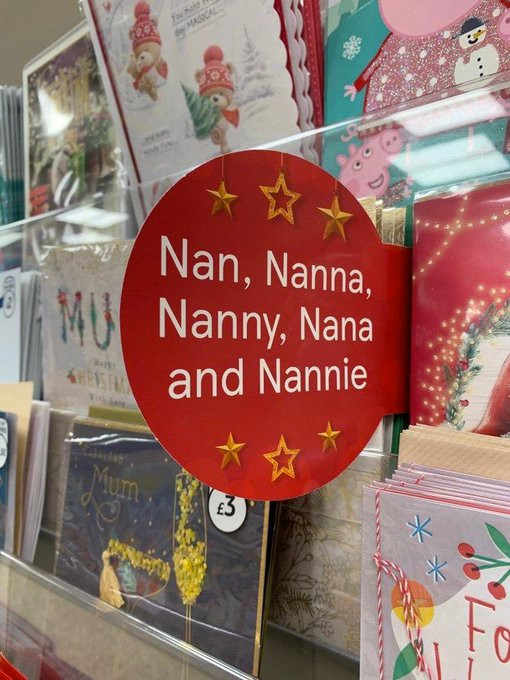 Greetings card rack entitled “Nan, Nanna, Nanny, Nana and Nannie”. 