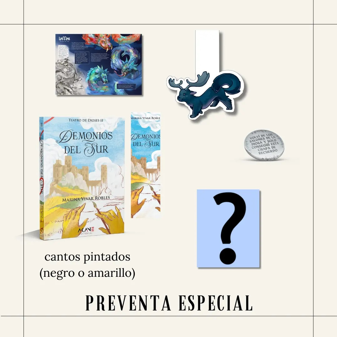 Imagen promocional de los elementos de la preventa. Sobre un fondo color crema se ven los regalos: el libro, el marcapáginas a juego con la cubierta, una chapa, un pequeño bestiario a color sobre uno de los monstruos que aparecen en en libro, un marcapáginas magnético con forma de un pequeño monstruo del Norte (es una mezcla entre cuernos de alce, patas peluditas de oso y cuerpo de comadreja) y un overlay con un interrogante.