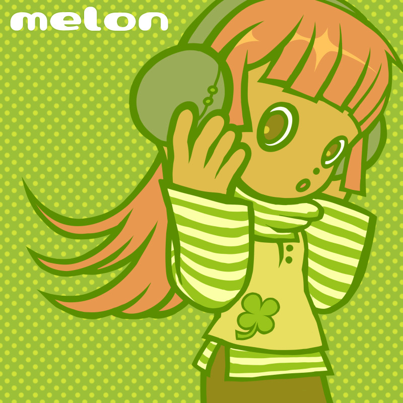 an illustration of a girl with long orange hair wearing headphones, a striped turtleneck, a tank top over, and a skirt. the image is toned green and reads "melon" in the top left corner. 