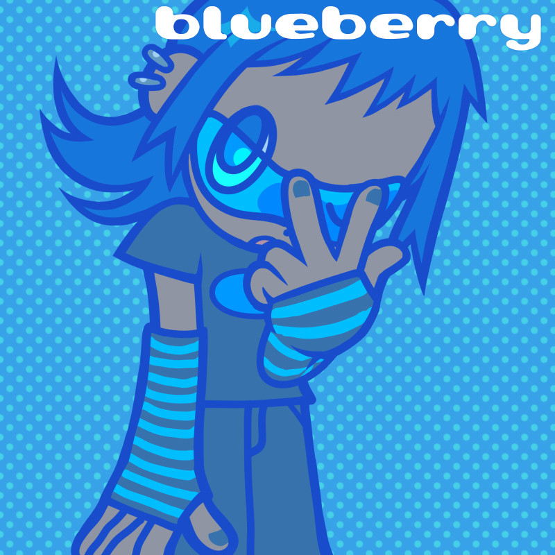 an illustration of a blue-haired person with a mullet and helix piercings wearing blue sunglasses, arm warmers, a t-shirt and a long skirt. the image is toned blue and reads "blueberry" in the upper right corner. 