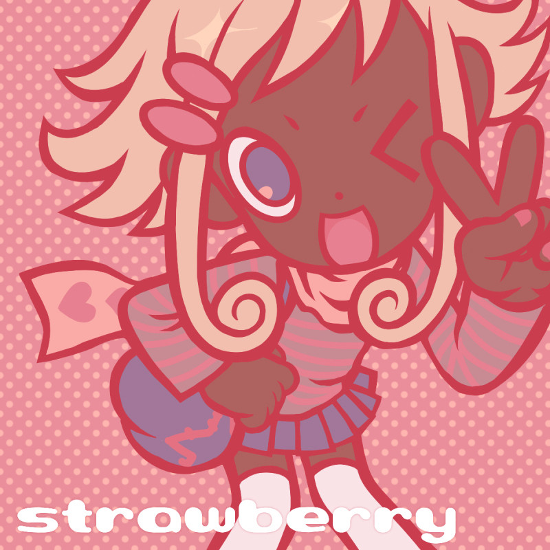 an illustration of a girl with short blonde hair holding up the peace sign and wearing hair clips, a heart-patterned scarf, a striped sweater, a miniskirt, a bag with a star on it, and over-the-knee socks. the image is toned pink and reads "strawberry" in the bottom left corner. 