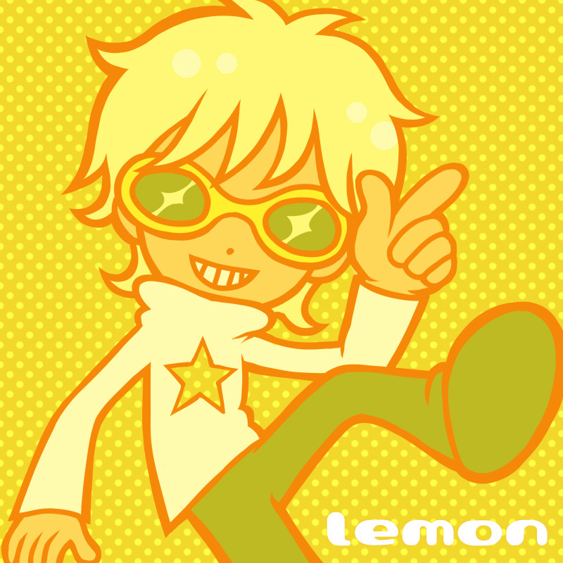 an illustration of a smiling short-haired blond person wearing round yellow sunglasses, a turtleneck with a star on the front, trousers and shoes. the image is toned yellow and reads "lemon" in the bottom right corner. 