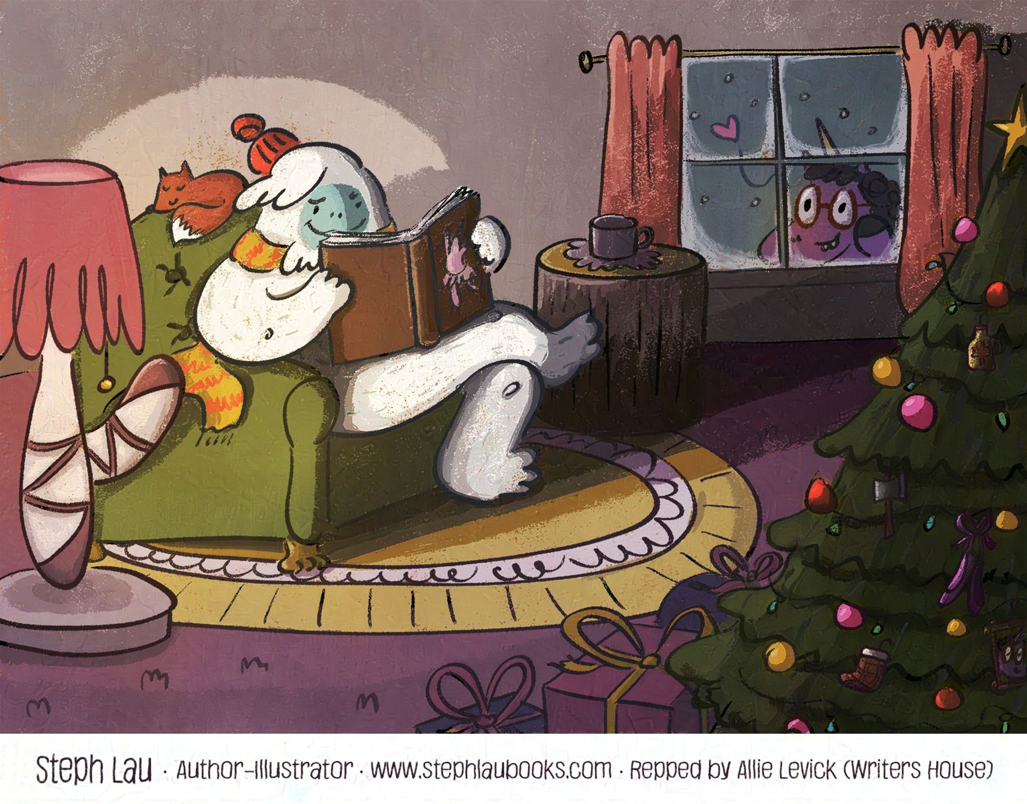 A yeti in scarf and beanie reads a ballet book in a cozy green velvet chair. Inside, there is an xmas tree decked with ornaments, a tutu with legs lamp, and a fox curled up on the chair. Outside, it's snowing, and a purple unicorn with glasses stares lovingly at the yeti whose presence lights up the house -- and also the unicorn's heart as well