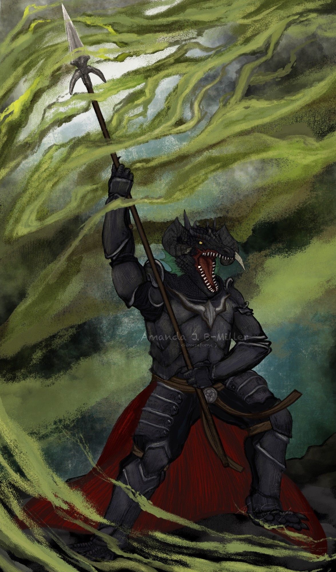 Digital painting illustrating a dark scaled dragonborn wielding a pike surrounded by swirling green smoke.