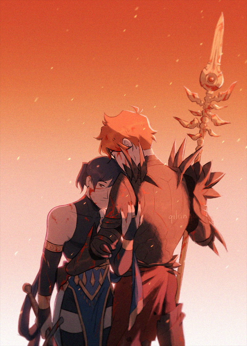 An illustration of Sylvain and Felix from Fire Emblem: Three Houses on a gradient orange sky. Felix is wearing an modified dancer outfit, loosely holding Sylvain's arm in a hug with one hand, he's holding a sword in his other hand. Sylvain is wearing a Dark Knight armor, one arm wrapped around Felix's waist, the other holding the Lance of Ruin. They are looking away from each other.