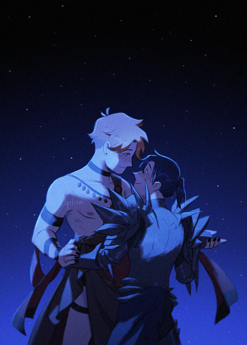 An illustration of Sylvain and Felix from Fire Emblem: Three Houses on a gradient night blue sky. Sylvain is wearing an modified dancer outfit, looking into Felix' eyes, smiling fondly. Felix is wearing a Dark Knight armor, looking up into Sylvain's eyes, smiling as well. They are holding each other as if they were slow dancing.