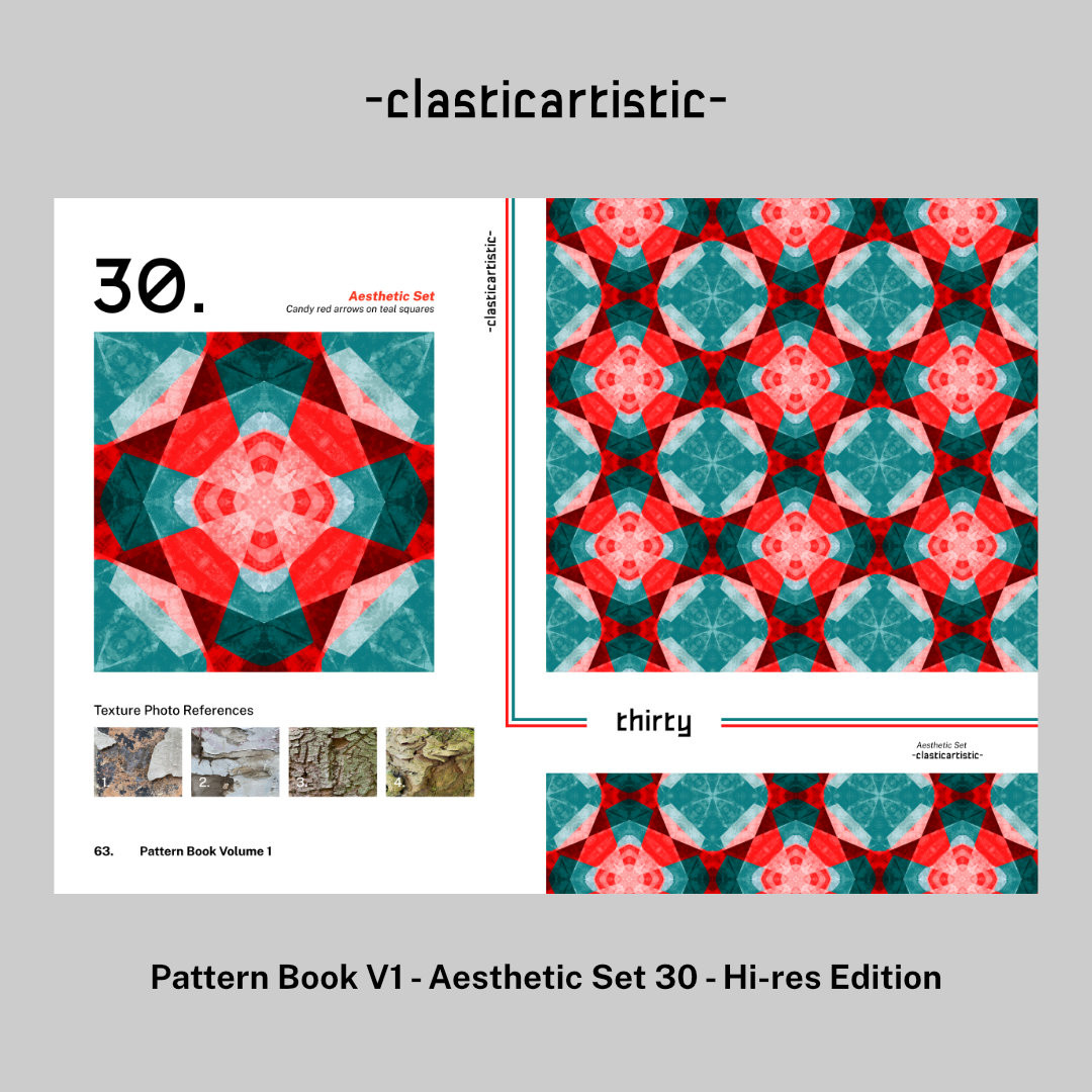 On the left page, pattern number 30 at the top left, "Candy red arrows on teal squares" caption on the top middle, and Aesthetic Set, -clasticartistic- on the top right. Pattern tile in the centre of the page. The bottom has a caption saying "Texture Photo References" with four texture images below. The footer has the page number "63." and "Pattern Book Volume 1" caption on the left. 

Right page - Pattern tile spread with the word "thirty" in the bottom middle with teal and red stripe. Aesthetic Set and  -clasticartistic- are on the bottom right. 

Border - Header has -clasticartistic-, and the footer has "Pattern Book V1 - Aesthetic Set 30 - Hi-res Edition".