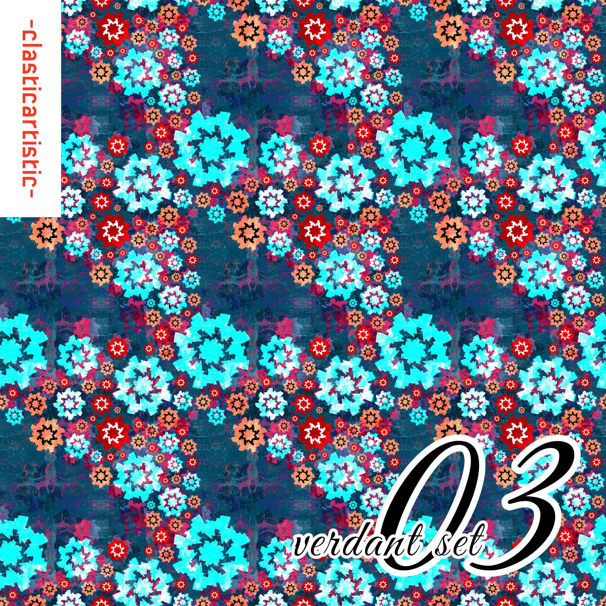 Cyan, orange and red wildflowers spread out as waves against a dark blue and purple textured background. Bottom right: verdant set with 03 behind it, both are in a script font.