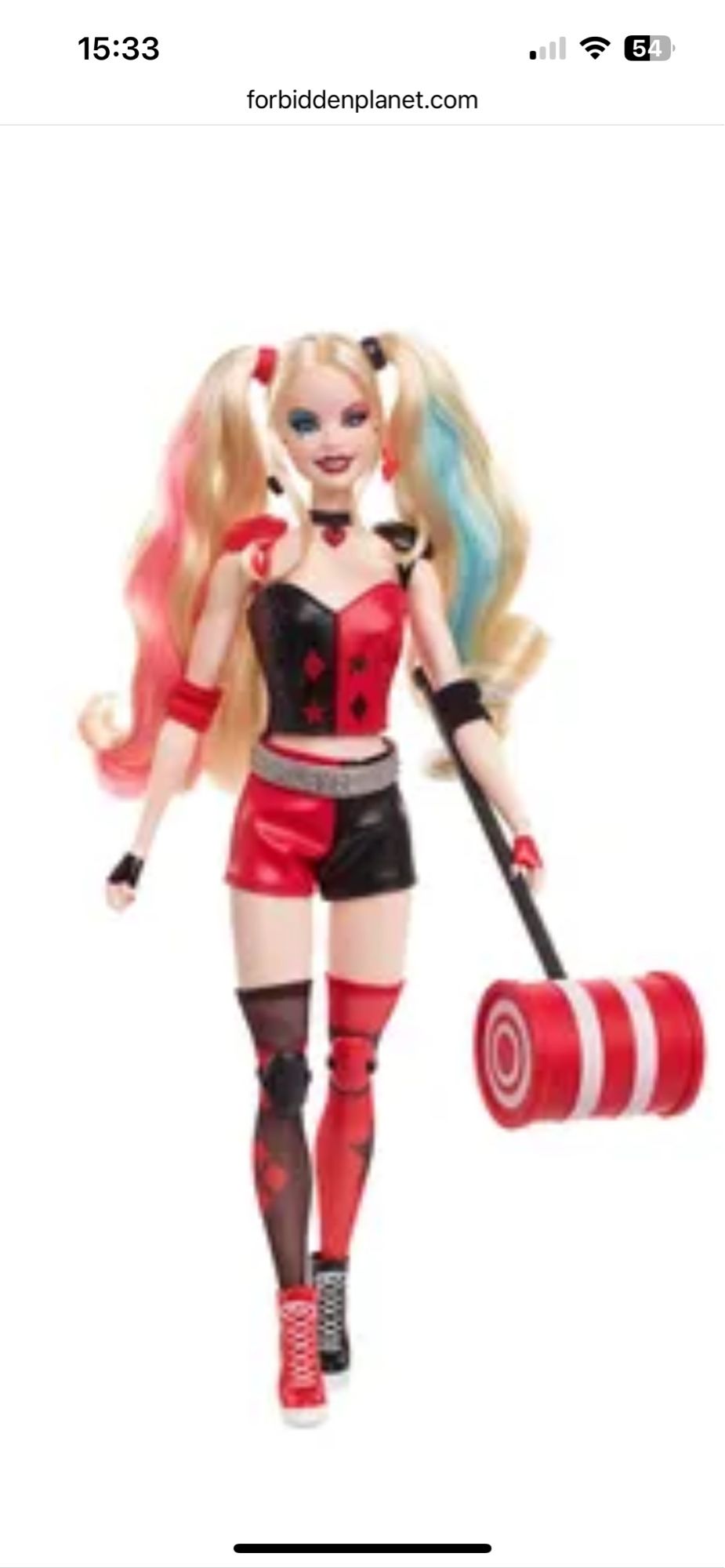 Harley Quinn Barbie, in a red and black outfit.